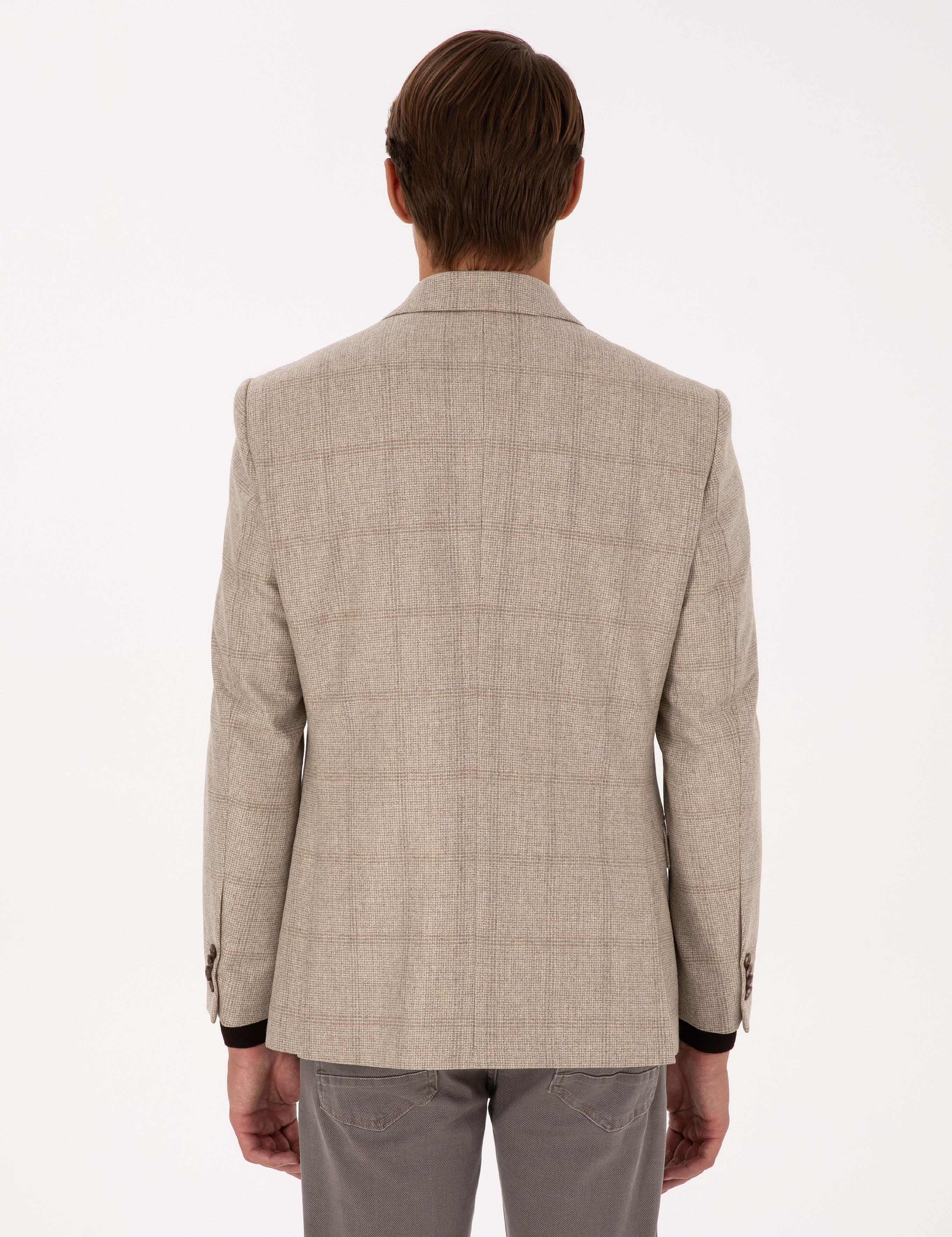 Bej Slim Fit %100 Yün Ekose Ceket