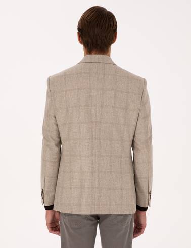 Bej Slim Fit %100 Yün Ekose Ceket