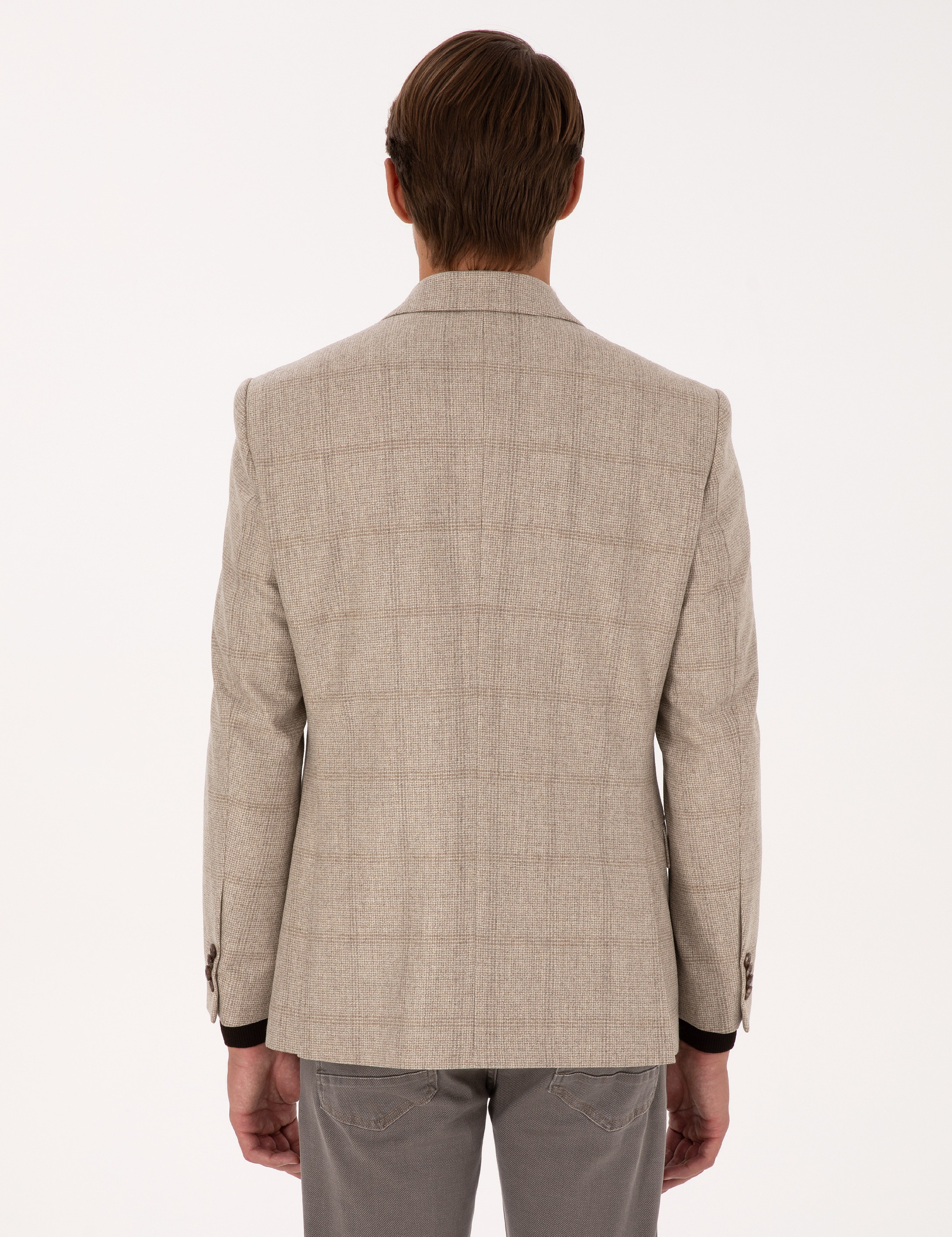 Bej Slim Fit %100 Yün Ekose Ceket - Image 5