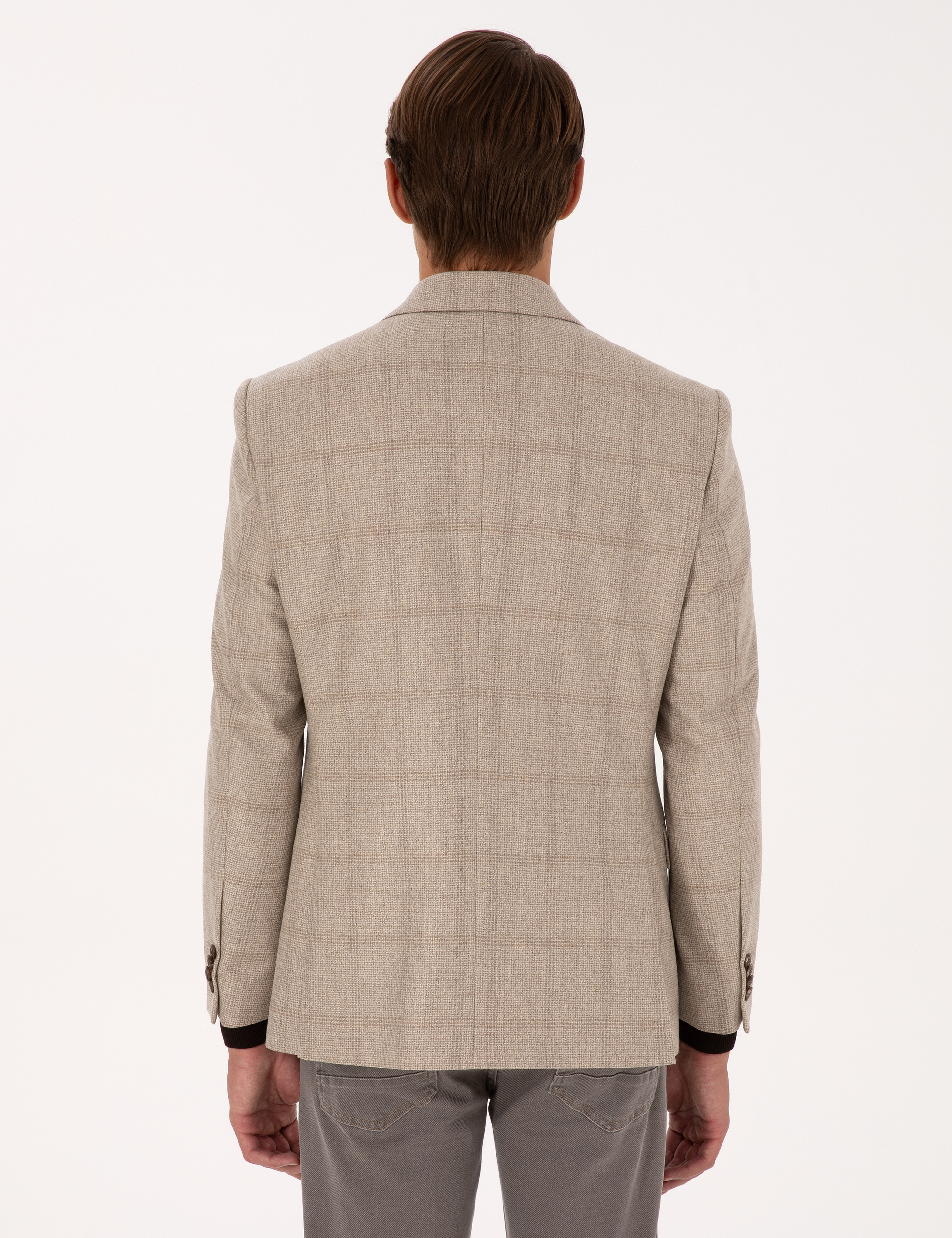Bej Slim Fit %100 Yün Ekose Ceket
