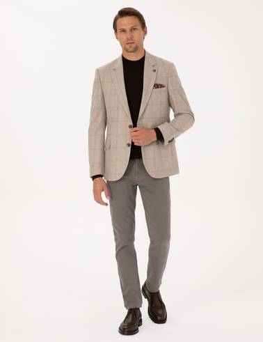 Bej Slim Fit %100 Yün Ekose Ceket