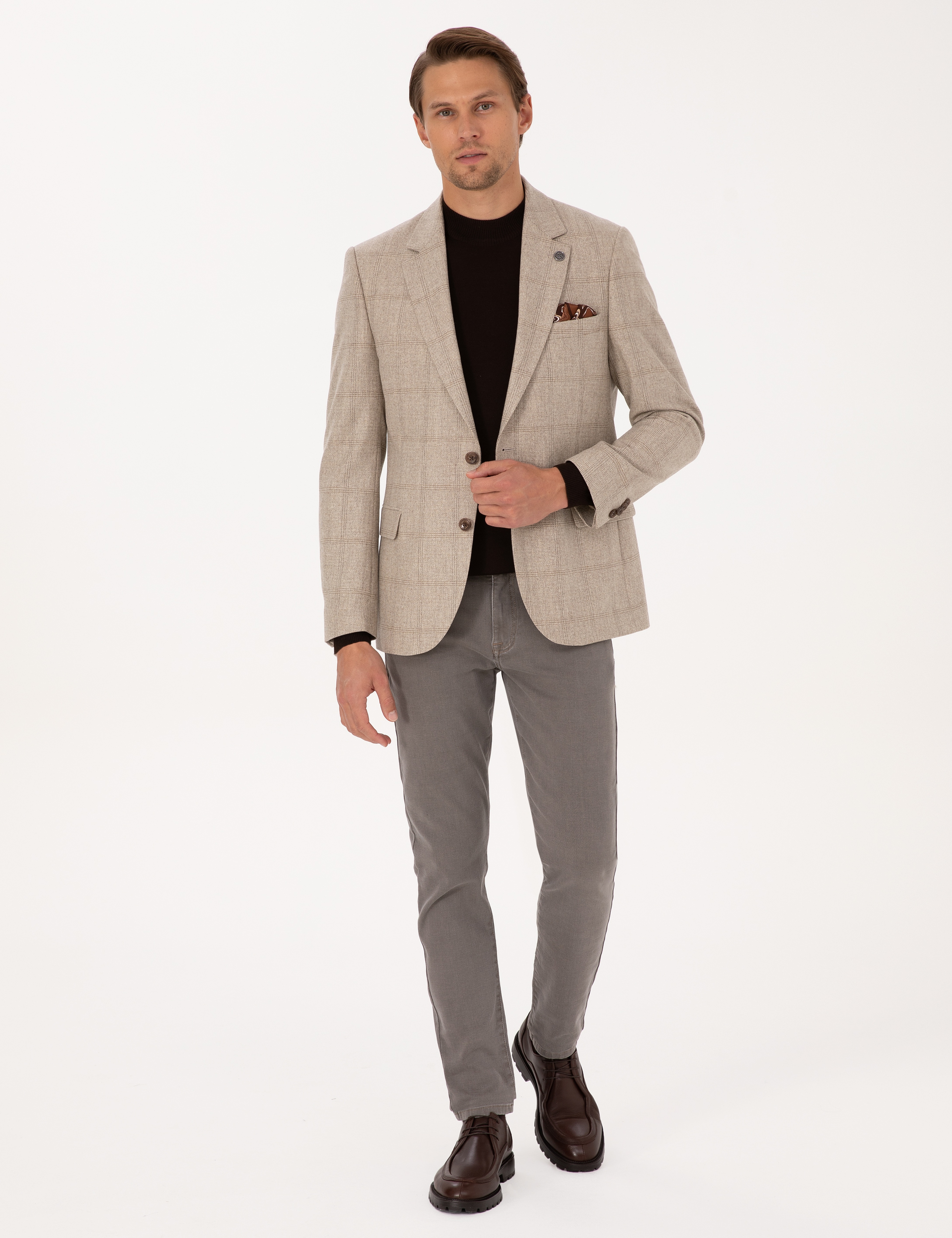 Bej Slim Fit %100 Yün Ekose Ceket - Image 4