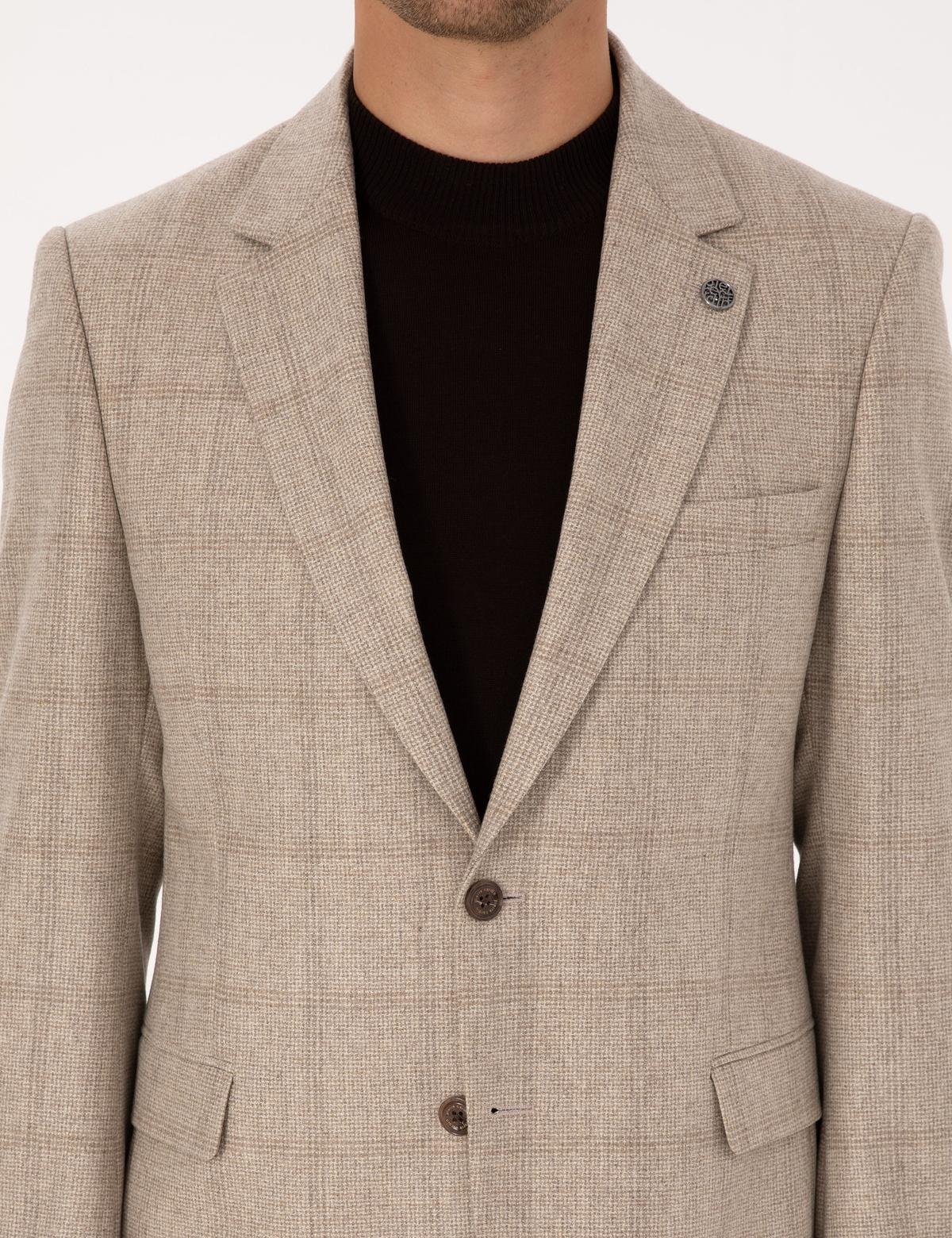 Bej Slim Fit %100 Yün Ekose Ceket - 50311232044