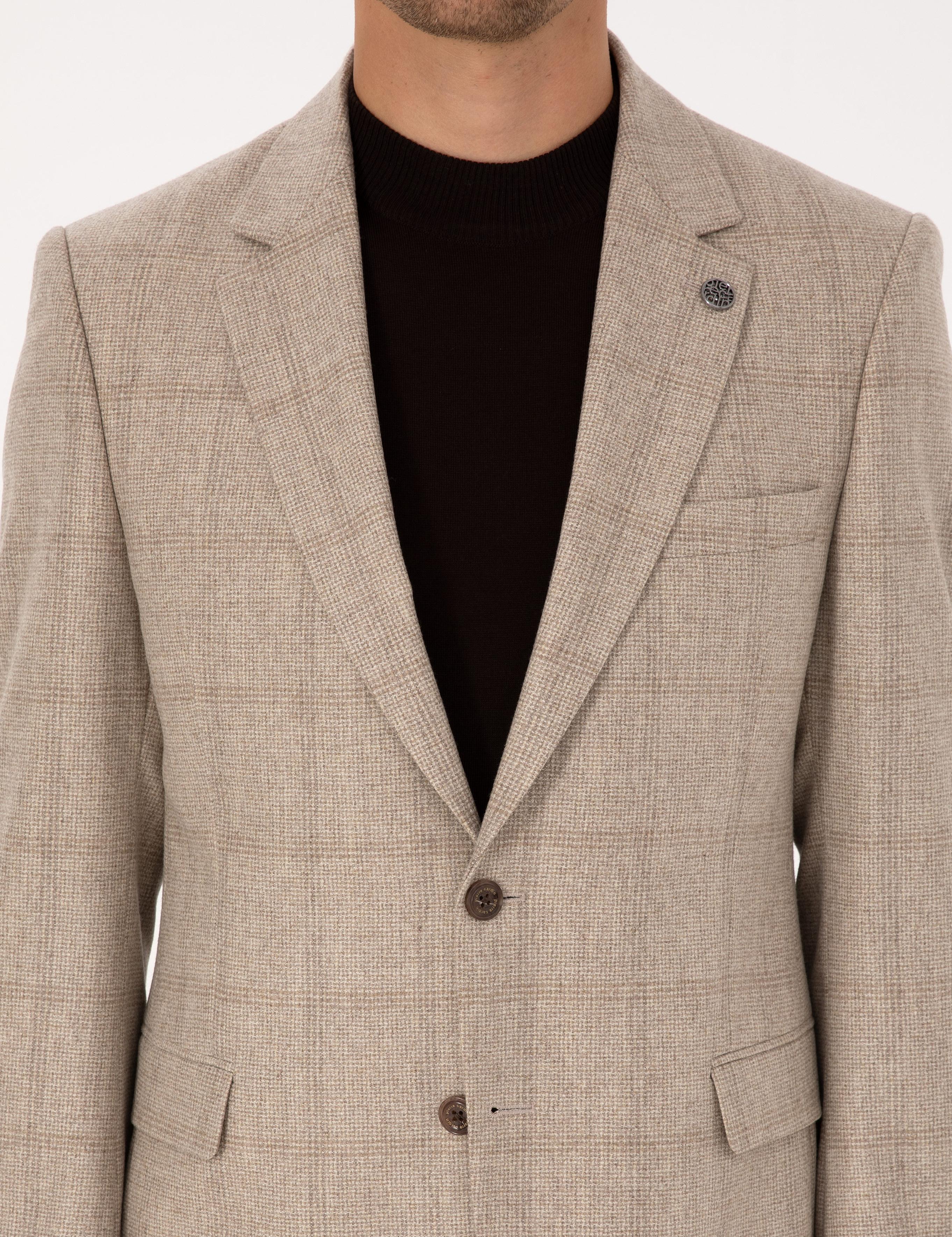 Bej Slim Fit %100 Yün Ekose Ceket