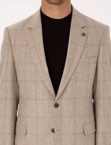 Bej Slim Fit %100 Yün Ekose Ceket
