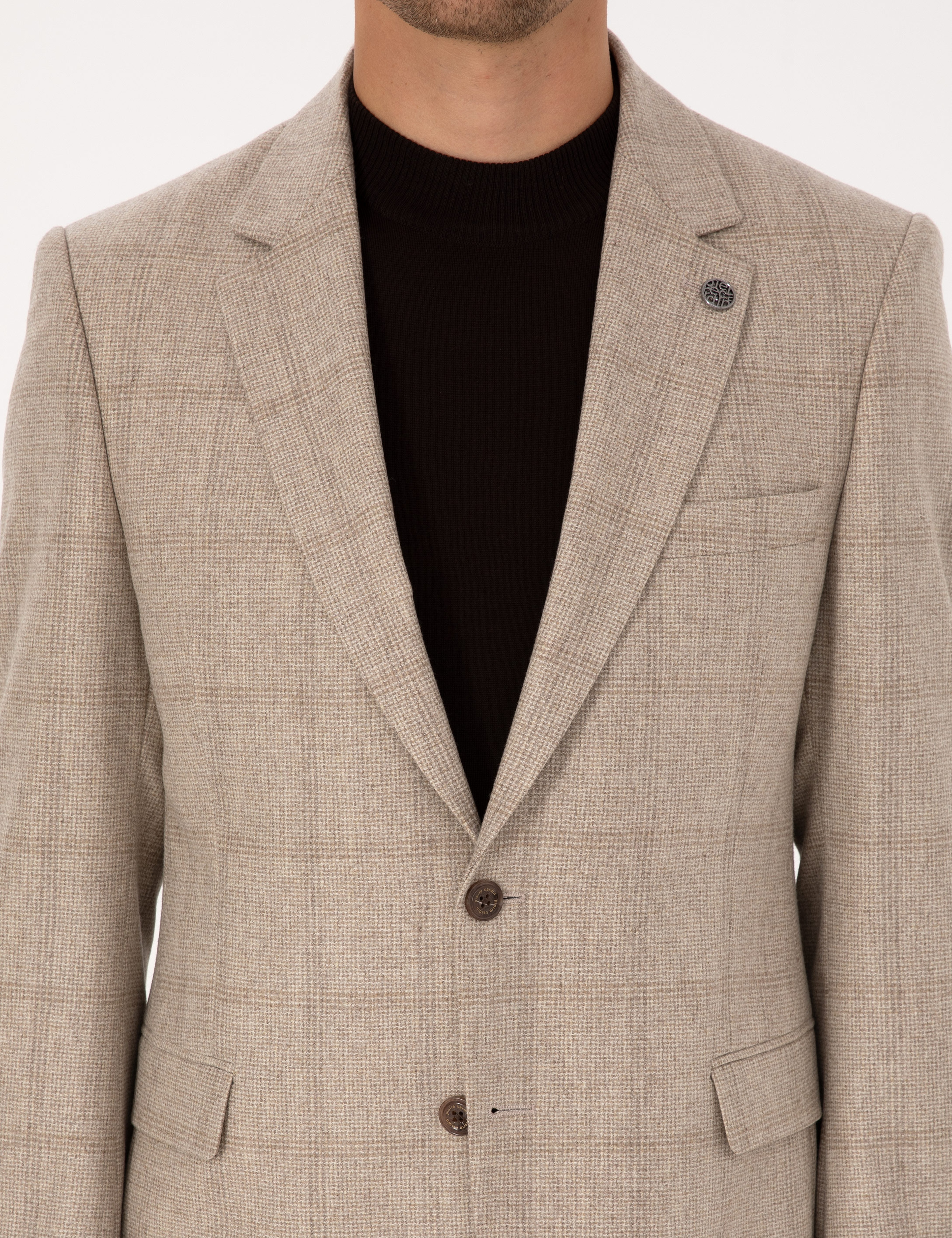 Bej Slim Fit %100 Yün Ekose Ceket