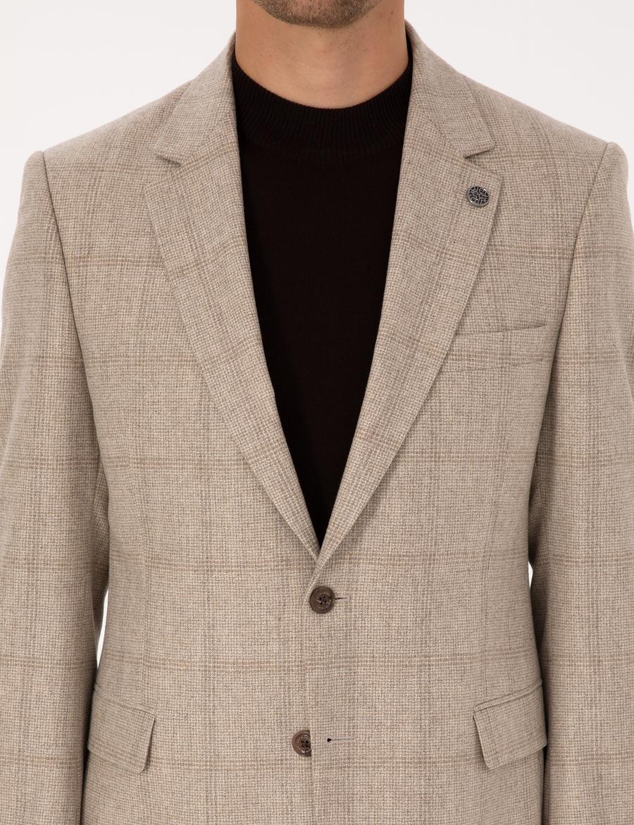 Bej Slim Fit %100 Yün Ekose Ceket