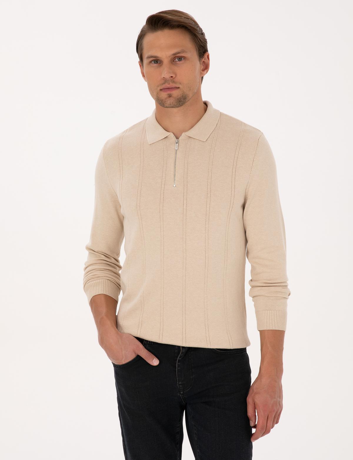 Bej Slim Fit Polo Yaka Fermuarlı Triko Kazak