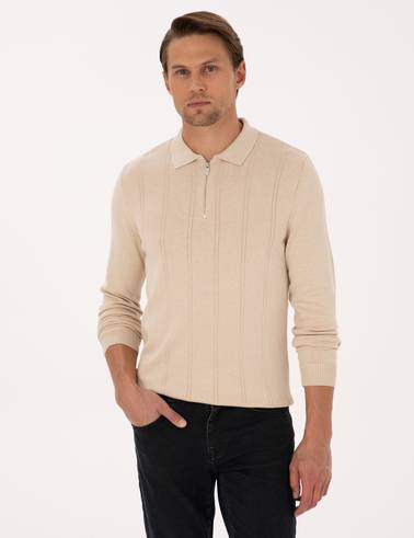 Bej Slim Fit Polo Yaka Fermuarlı Triko Kazak
