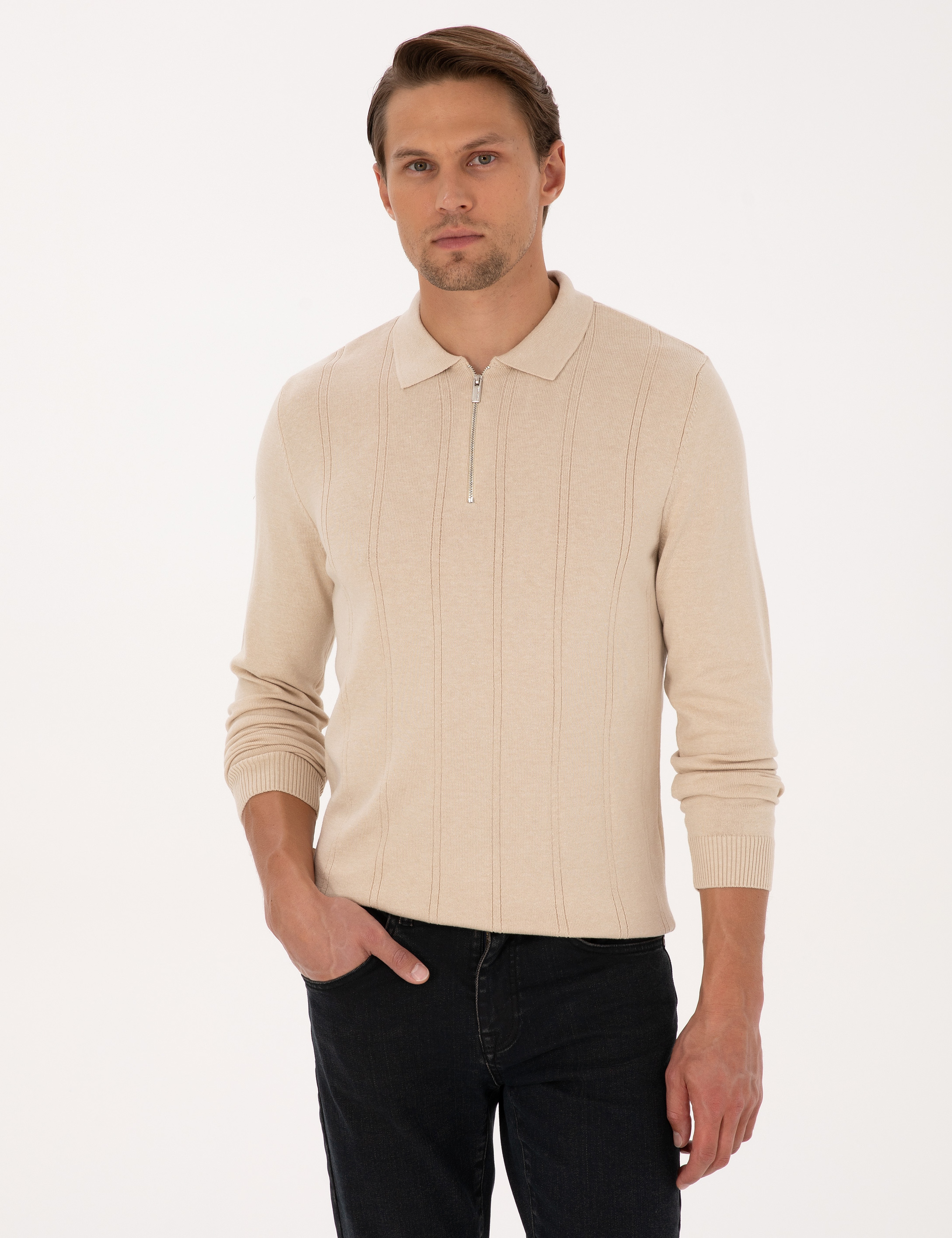 Bej Slim Fit Polo Yaka Fermuarlı Triko Kazak - Image 1