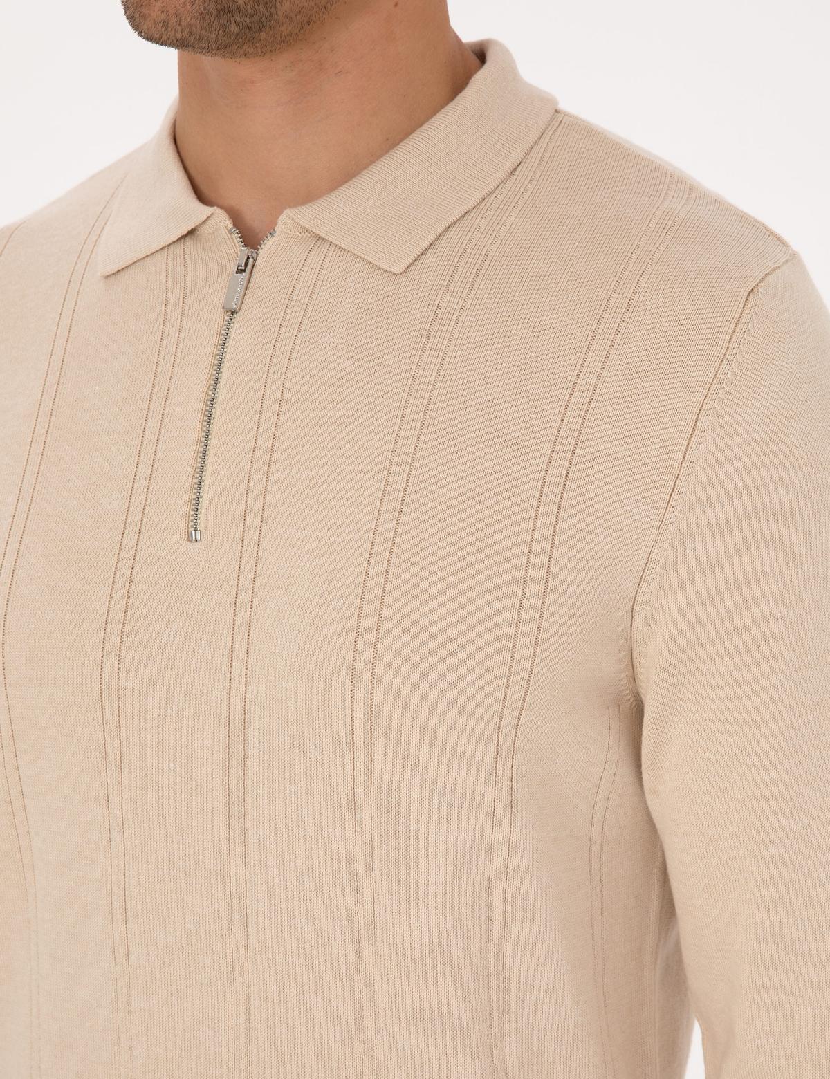 Bej Slim Fit Polo Yaka Fermuarlı Triko Kazak - 50317398019