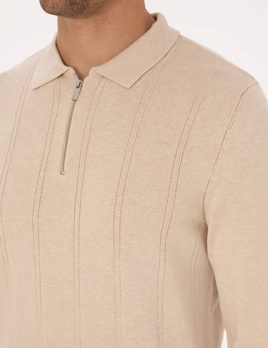 Bej Slim Fit Polo Yaka Fermuarlı Triko Kazak