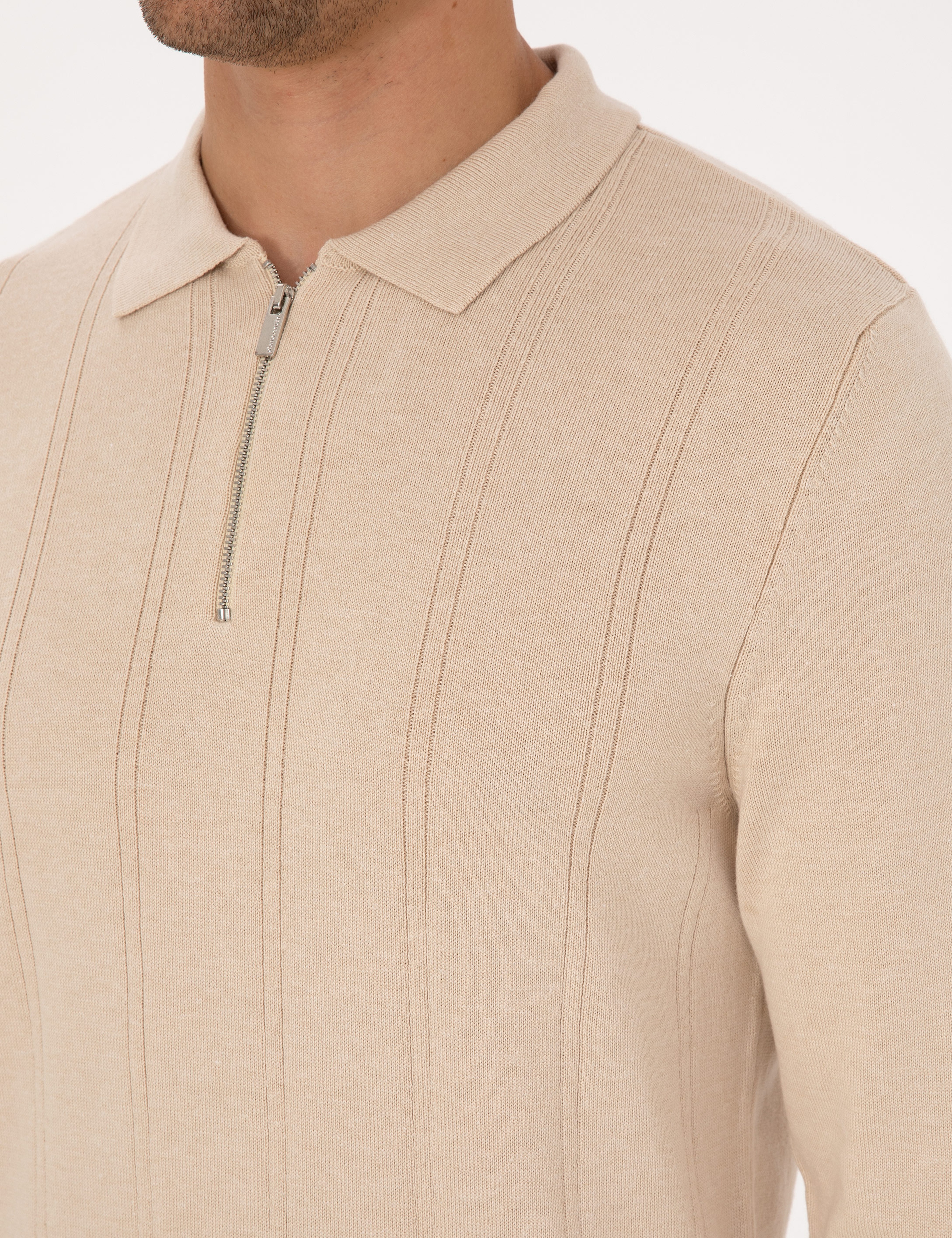 Bej Slim Fit Polo Yaka Fermuarlı Triko Kazak