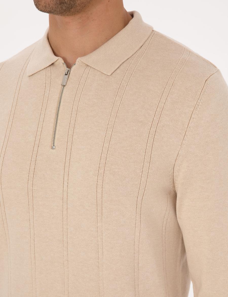 Bej Slim Fit Polo Yaka Fermuarlı Triko Kazak