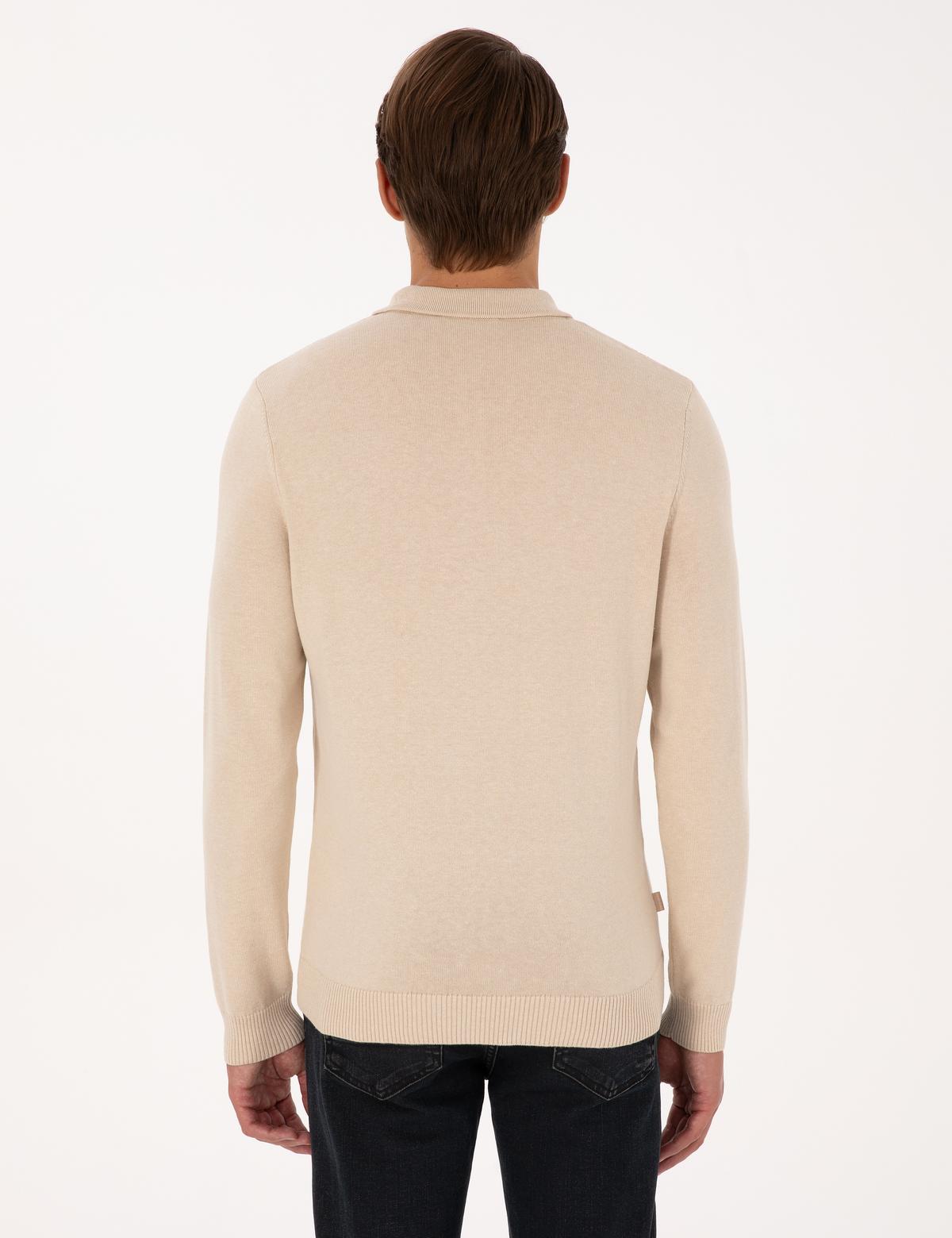 Bej Slim Fit Polo Yaka Fermuarlı Triko Kazak - 50317398019