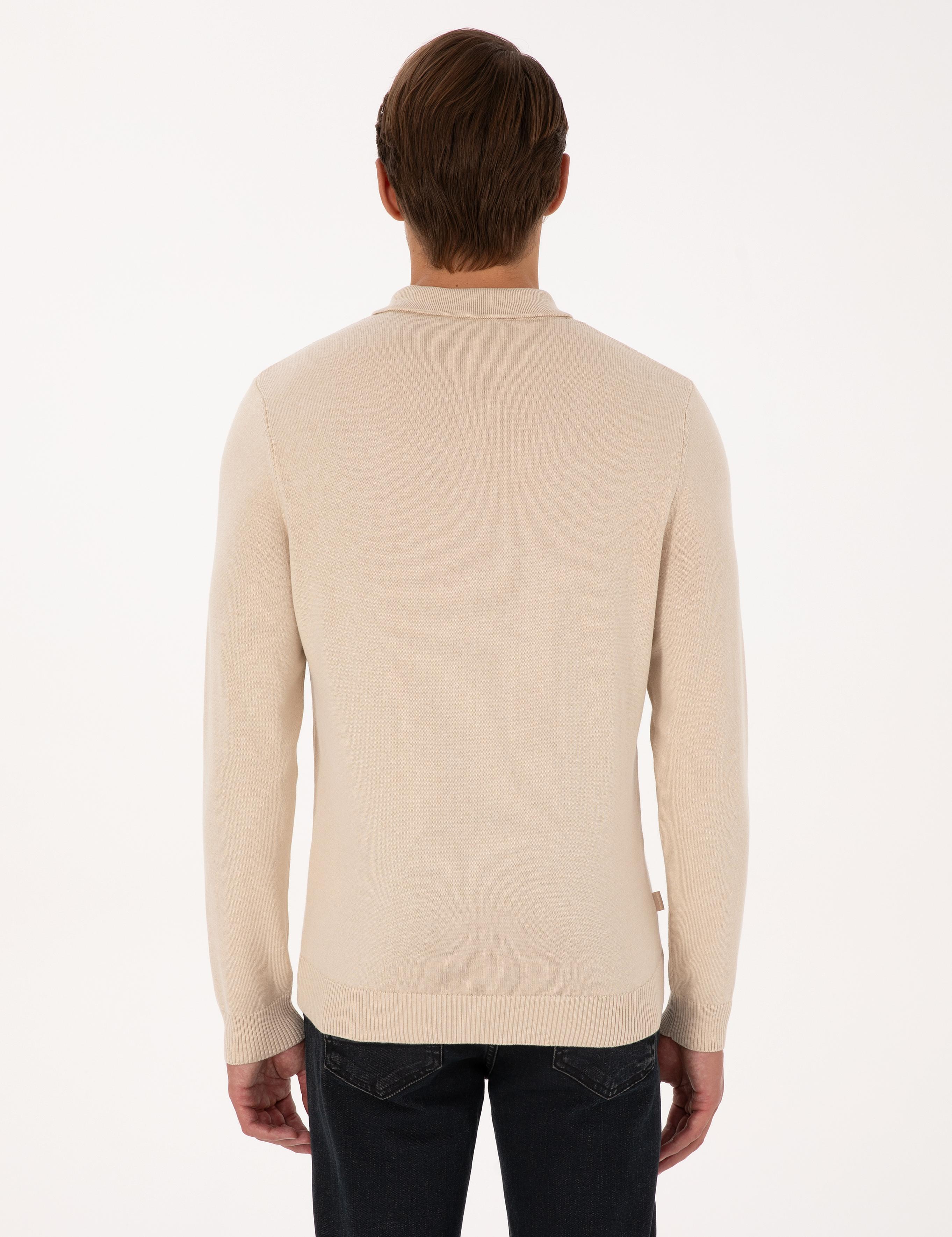 Bej Slim Fit Polo Yaka Fermuarlı Triko Kazak