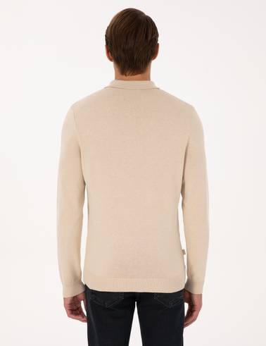 Bej Slim Fit Polo Yaka Fermuarlı Triko Kazak