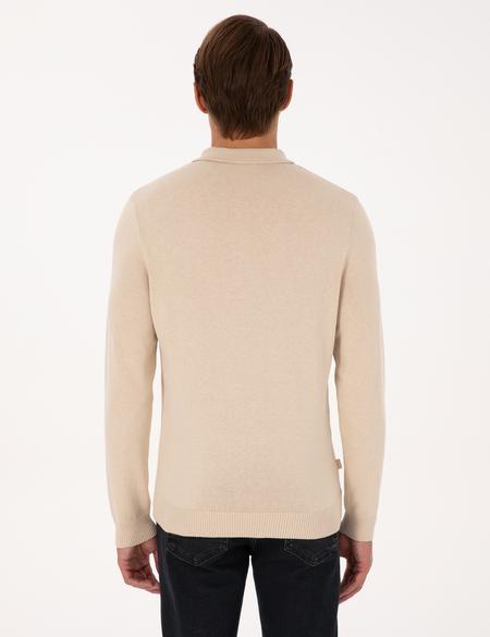 Bej Slim Fit Polo Yaka Fermuarlı Triko Kazak - 50317398019