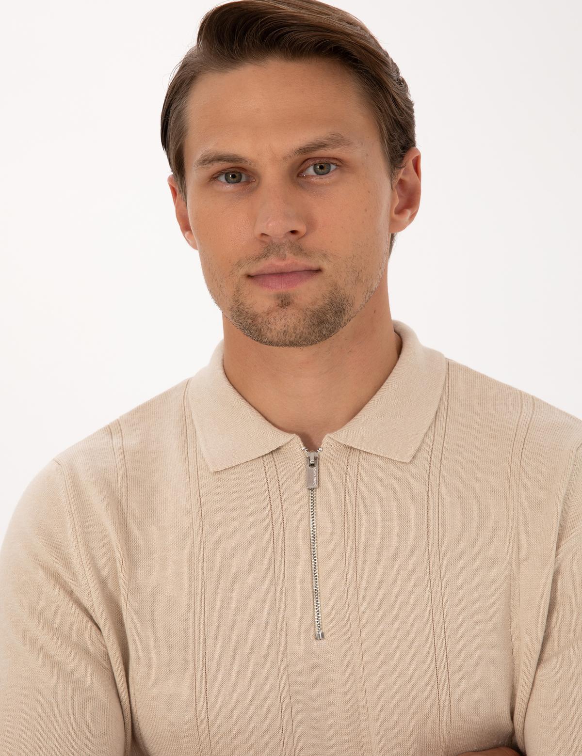 Bej Slim Fit Polo Yaka Fermuarlı Triko Kazak - 50317398019