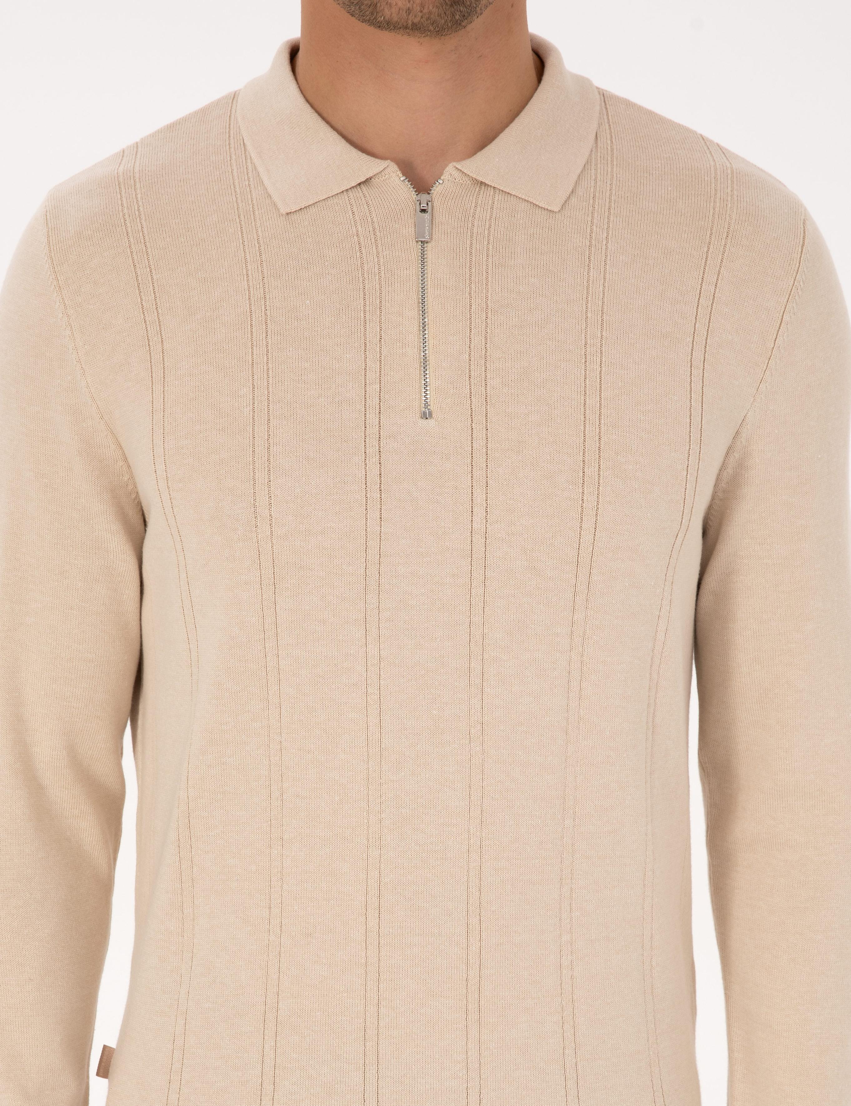 Bej Slim Fit Polo Yaka Fermuarlı Triko Kazak