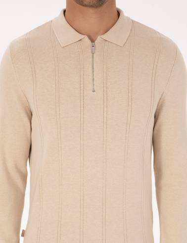 Bej Slim Fit Polo Yaka Fermuarlı Triko Kazak