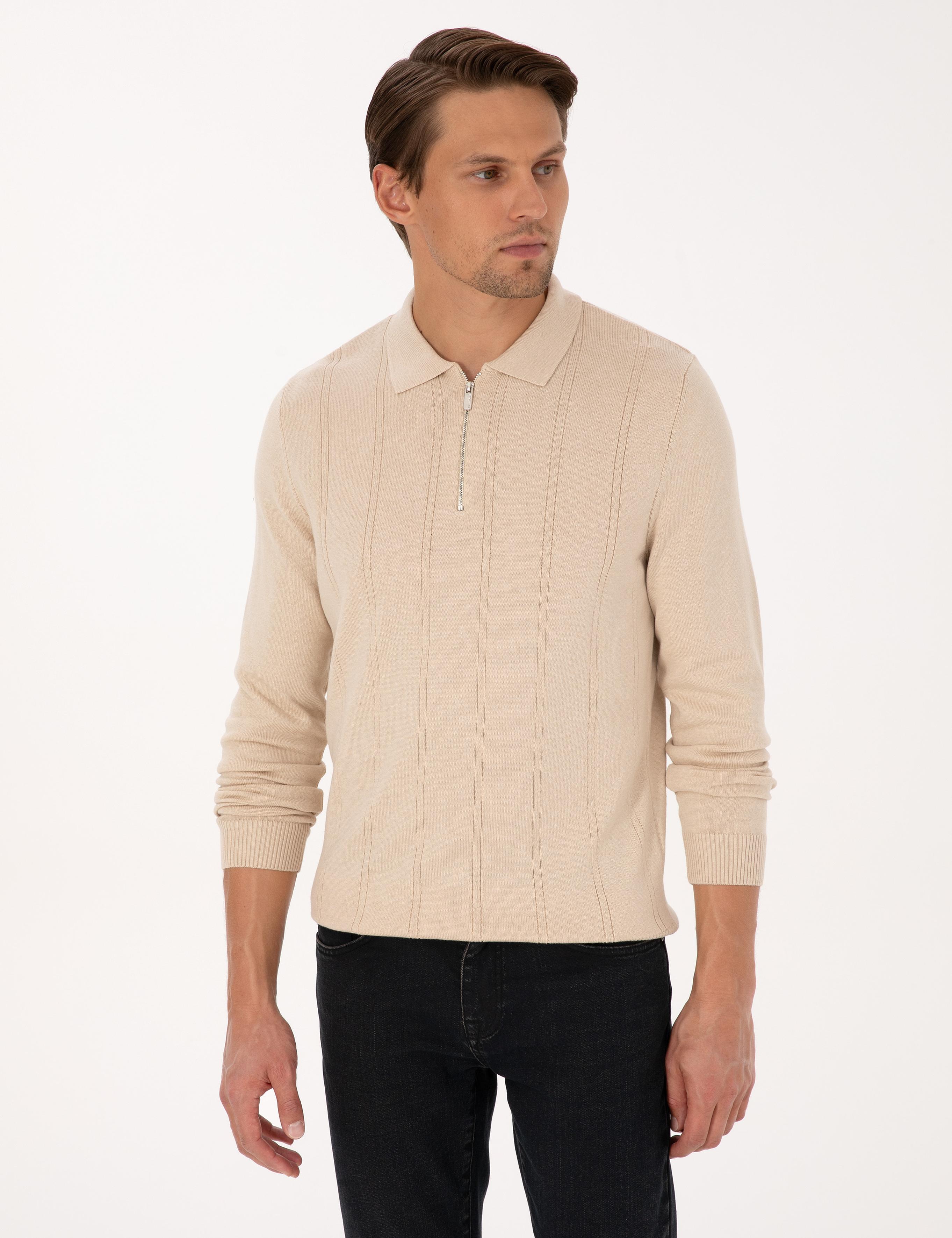 Bej Slim Fit Polo Yaka Fermuarlı Triko Kazak