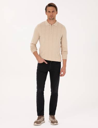 Bej Slim Fit Polo Yaka Fermuarlı Triko Kazak