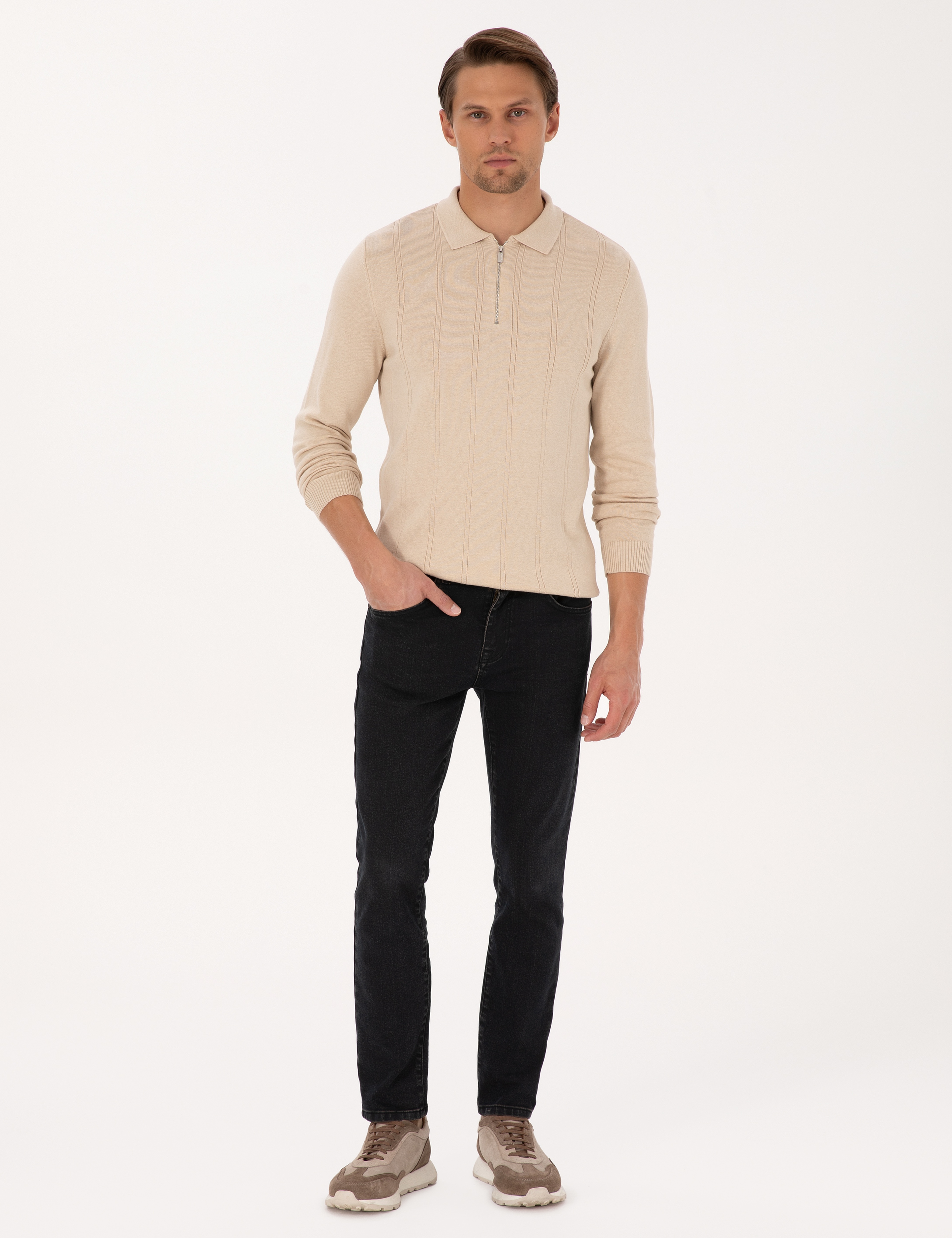 Bej Slim Fit Polo Yaka Fermuarlı Triko Kazak - Image 4
