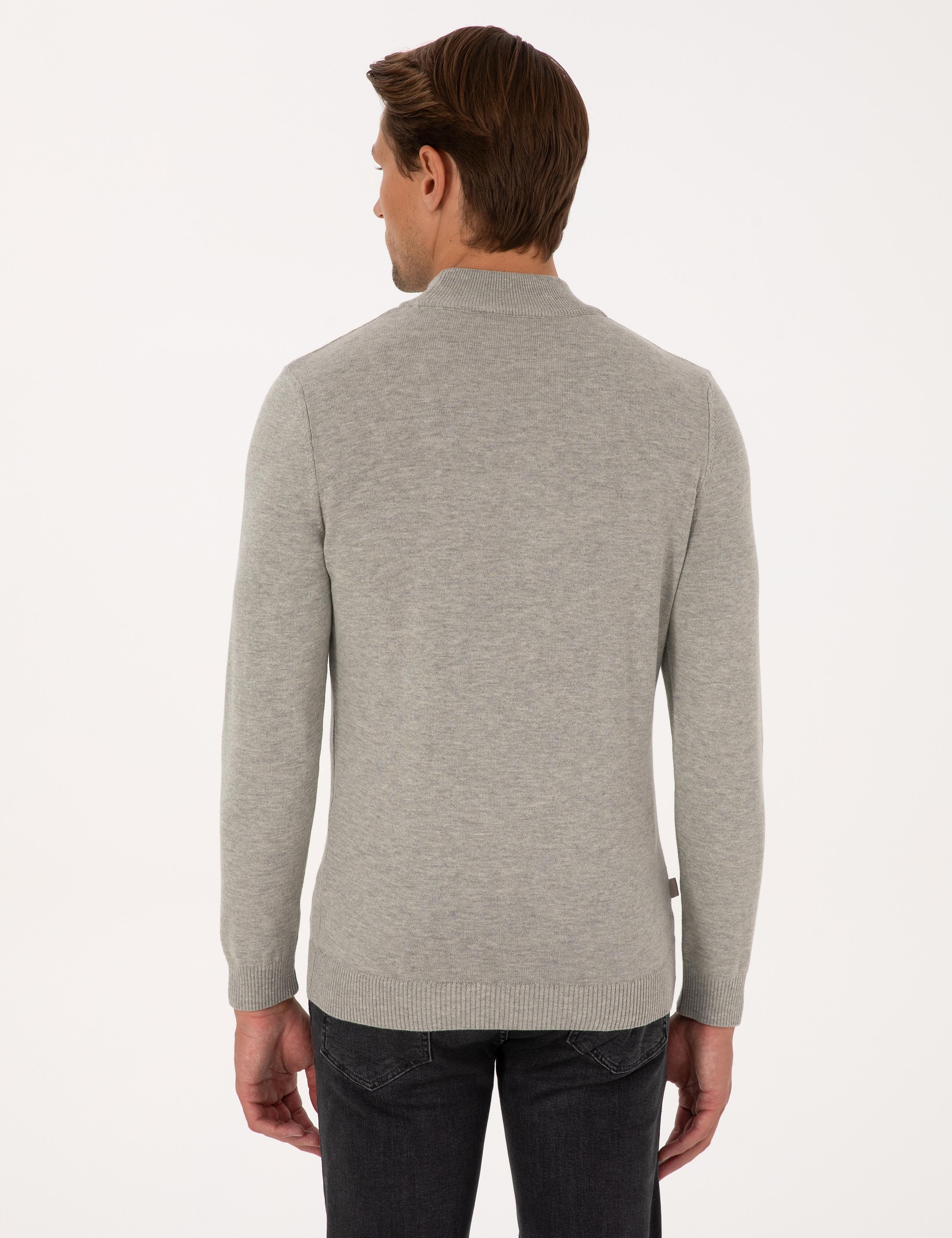 Açık Gri Melanj  Slim Fit Yarım Balıkçı Yaka Basic Triko Kazak