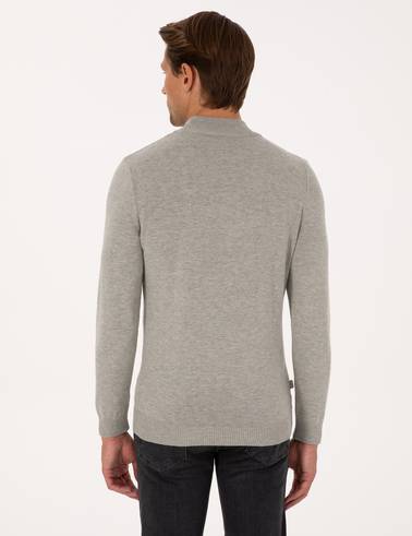 Açık Gri Melanj  Slim Fit Yarım Balıkçı Yaka Basic Triko Kazak