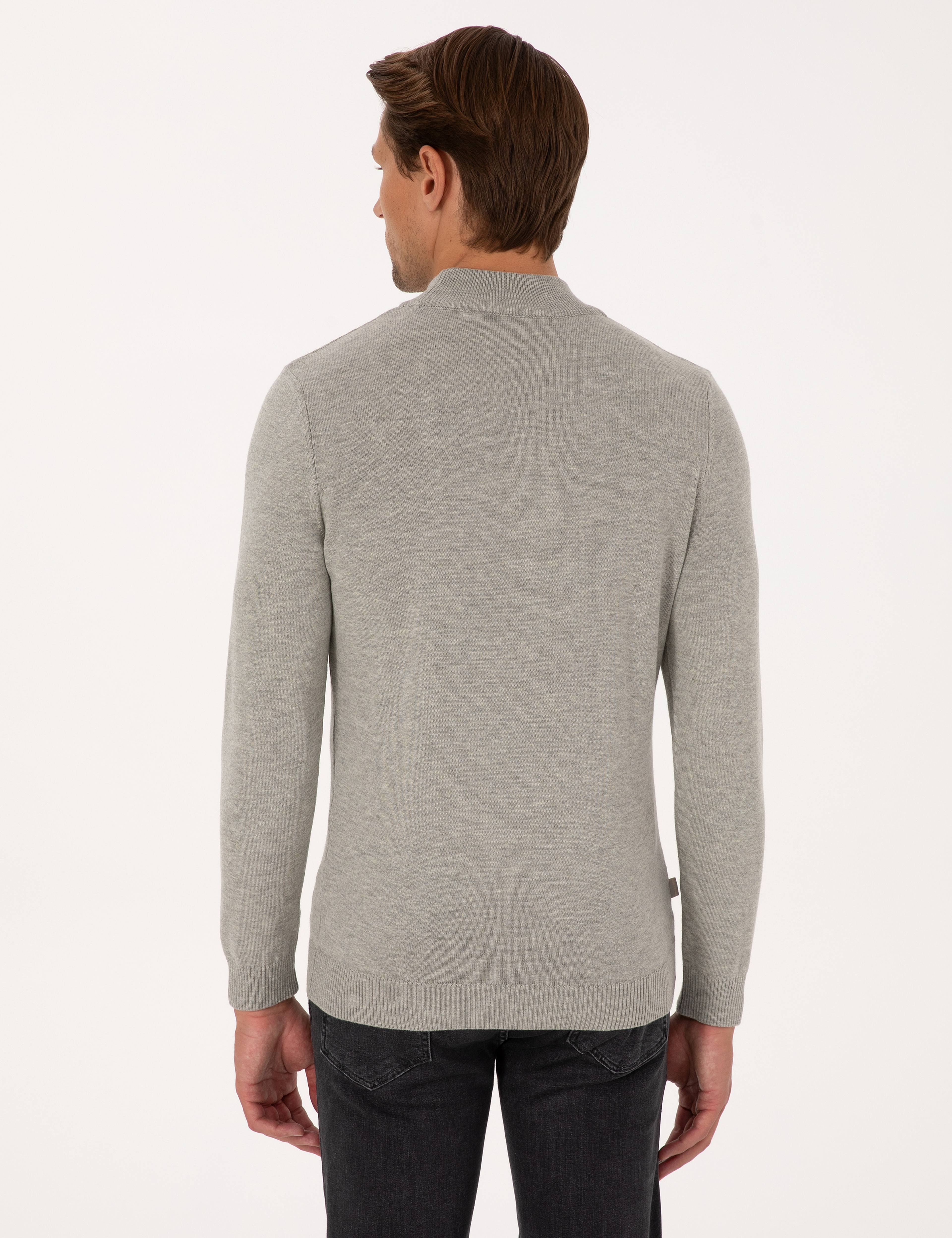 Açık Gri Melanj Slim Fit Yarım Balıkçı Yaka Basic Triko Kazak - Image 5