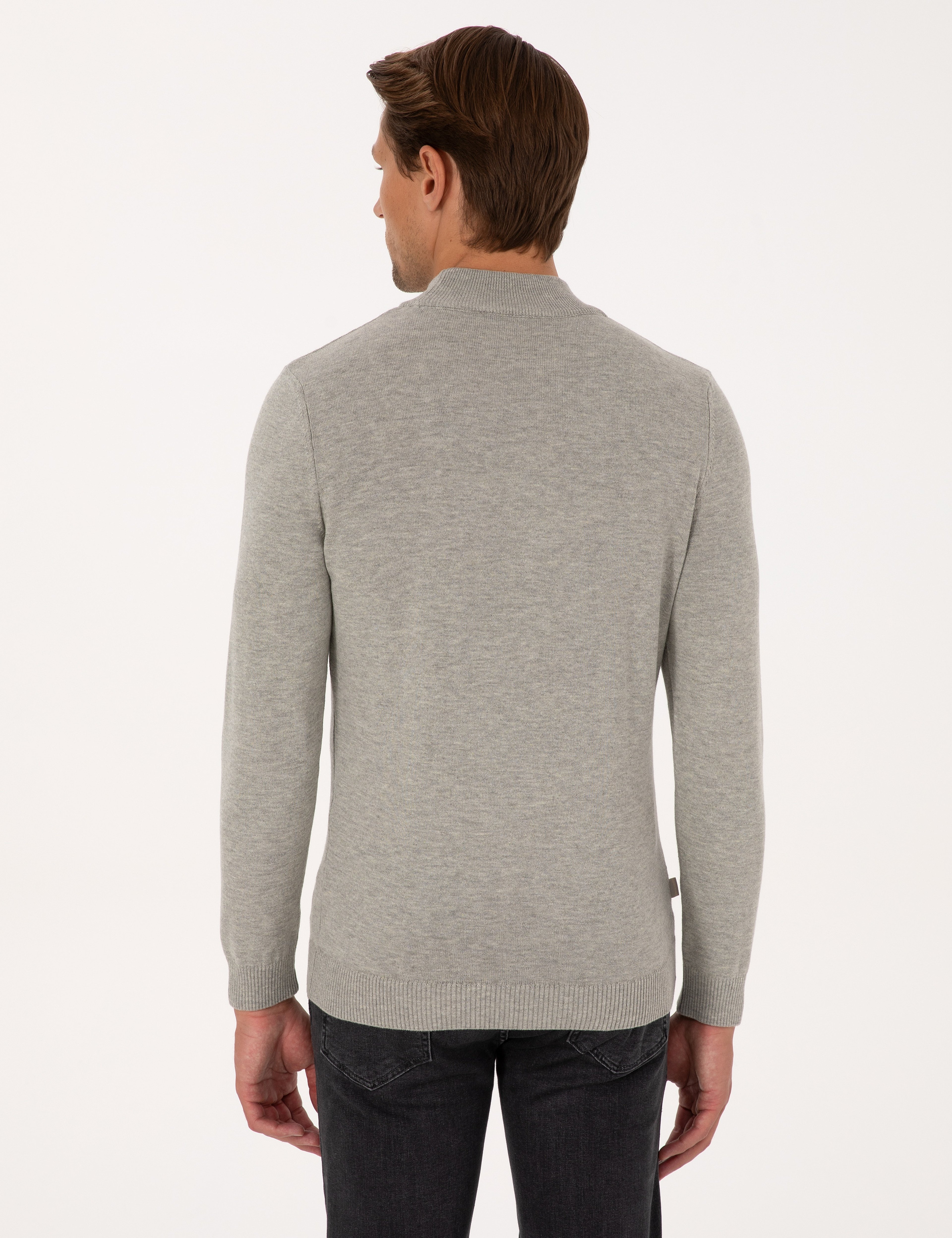 Açık Gri Melanj  Slim Fit Yarım Balıkçı Yaka Basic Triko Kazak