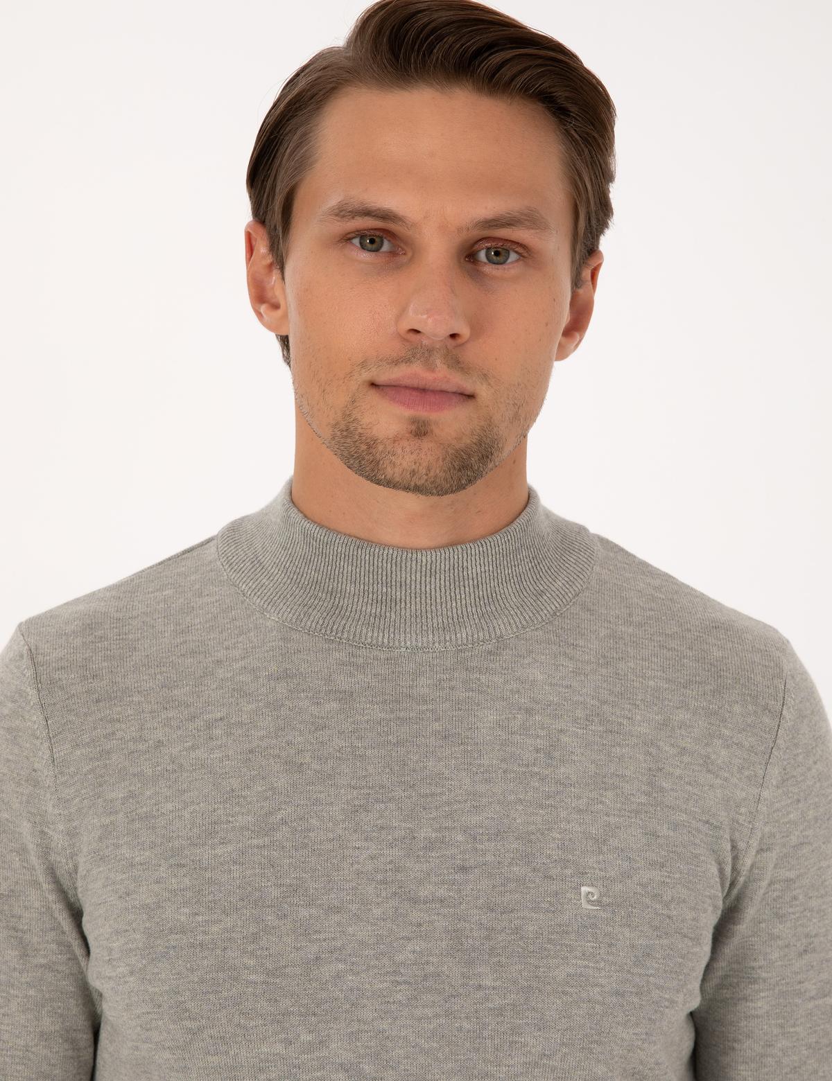 Açık Gri Melanj  Slim Fit Yarım Balıkçı Yaka Basic Triko Kazak - 50315457041