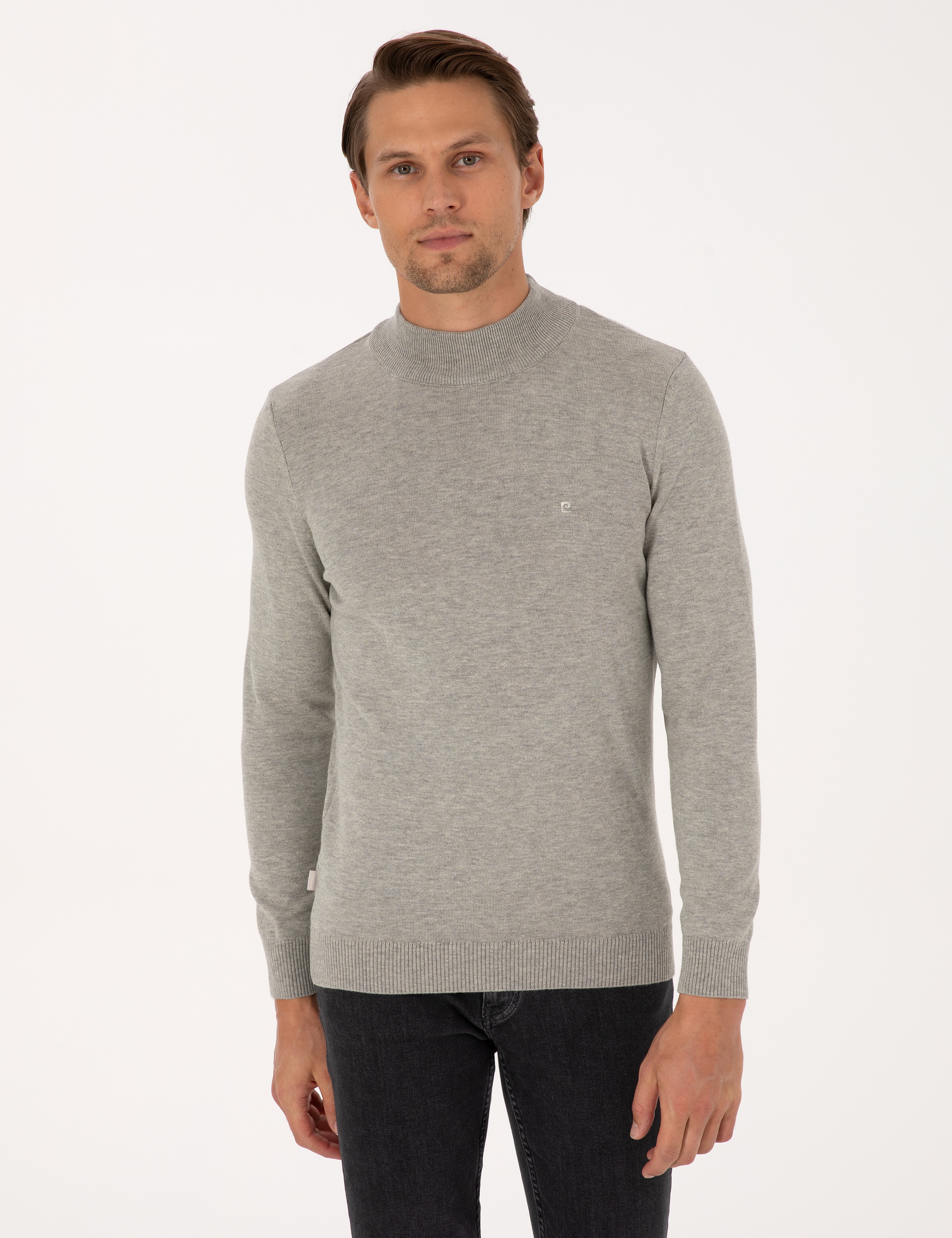 Açık Gri Melanj  Slim Fit Yarım Balıkçı Yaka Basic Triko Kazak