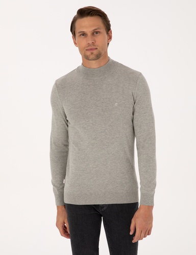 Açık Gri Melanj  Slim Fit Yarım Balıkçı Yaka Basic Triko Kazak
