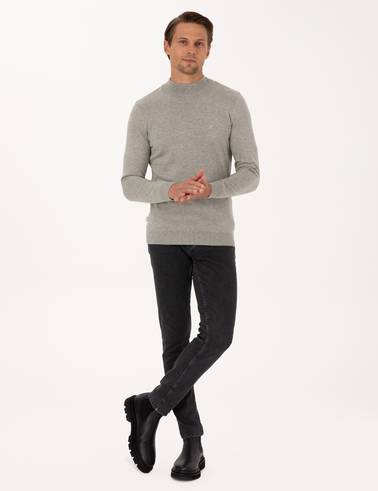 Açık Gri Melanj  Slim Fit Yarım Balıkçı Yaka Basic Triko Kazak