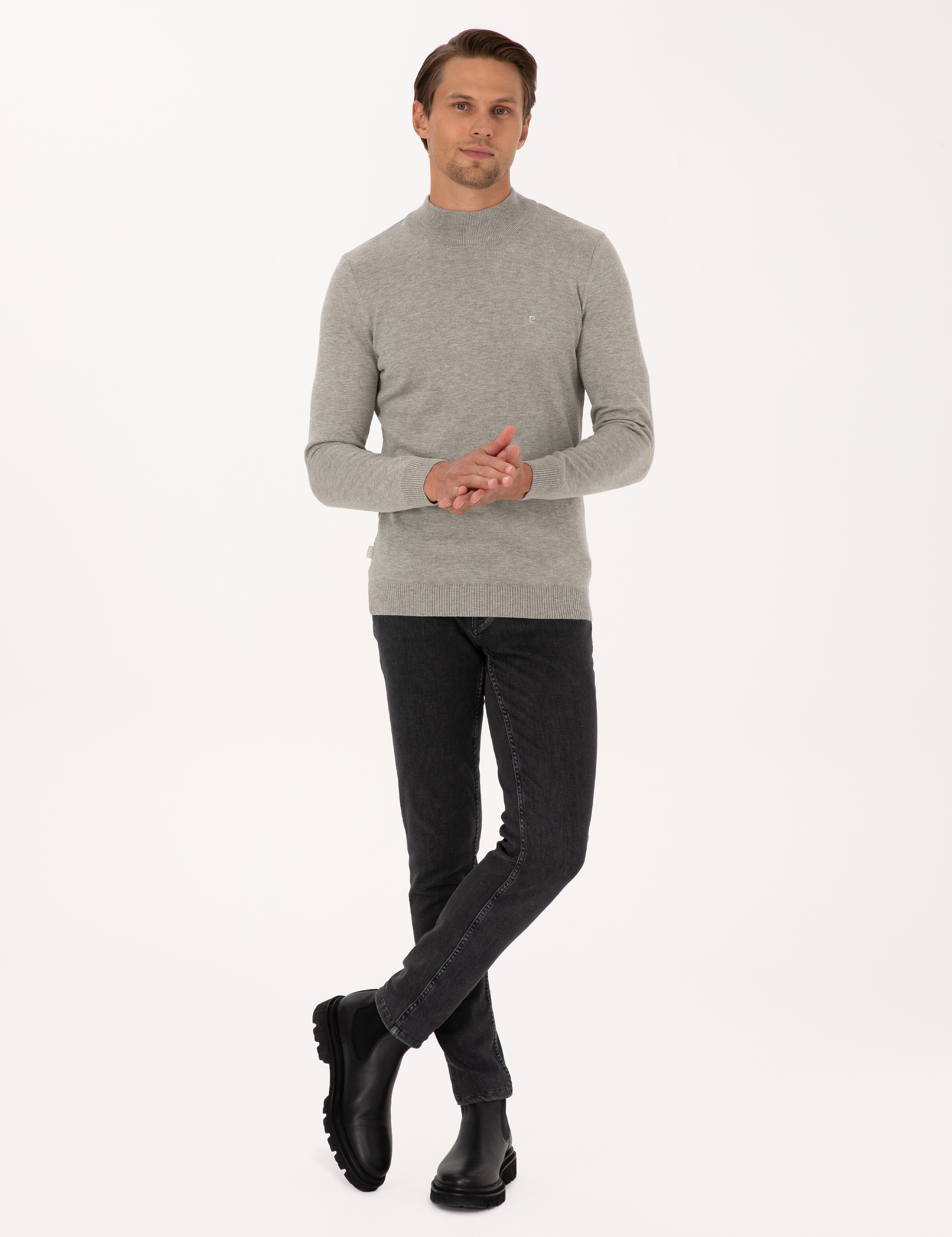 Açık Gri Melanj Slim Fit Yarım Balıkçı Yaka Basic Triko Kazak - Image 4