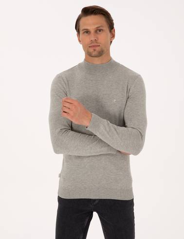 Açık Gri Melanj  Slim Fit Yarım Balıkçı Yaka Basic Triko Kazak