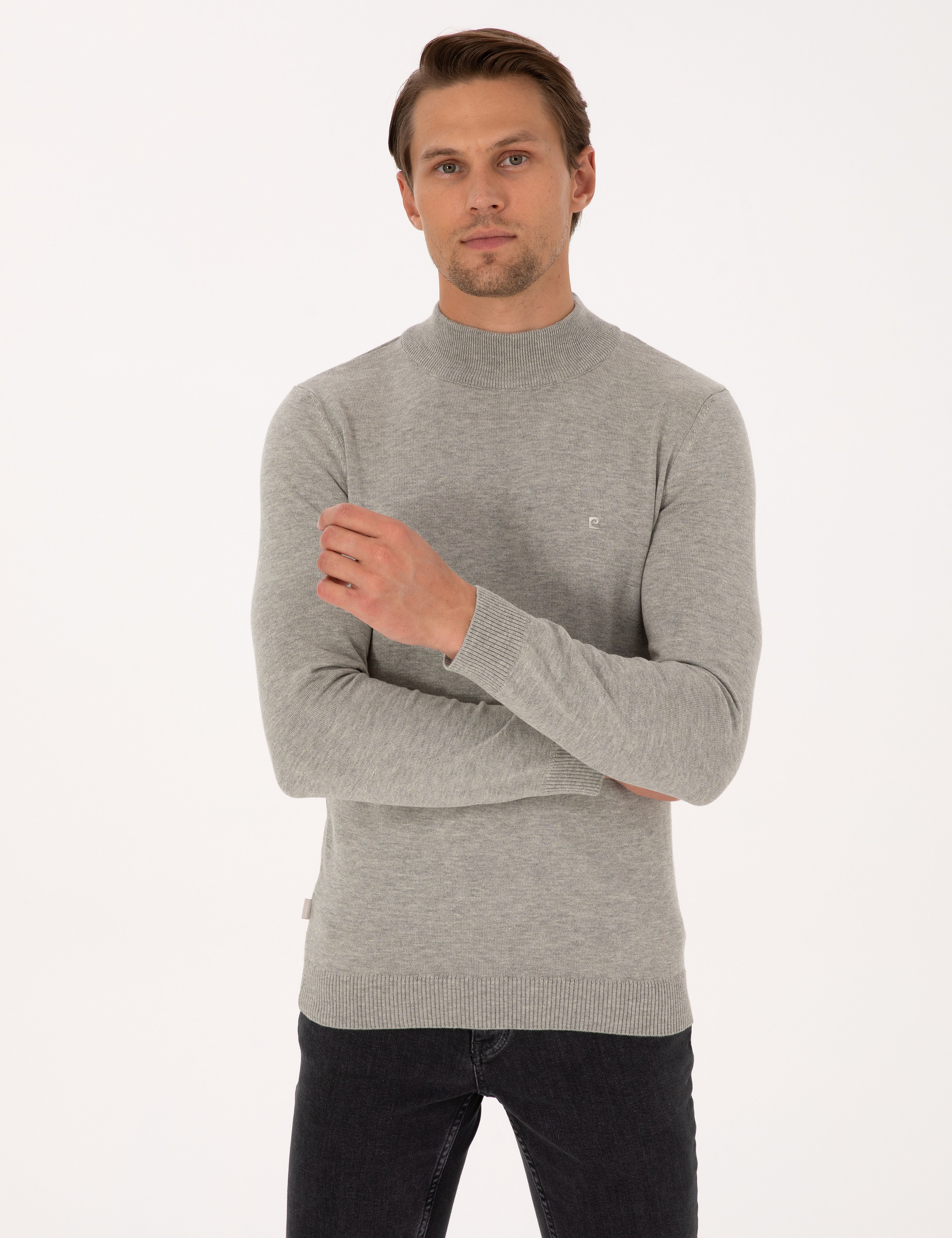 Açık Gri Melanj Slim Fit Yarım Balıkçı Yaka Basic Triko Kazak - Image 3