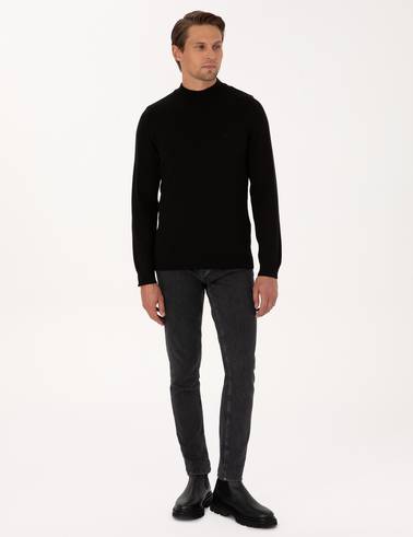 Siyah Slim Fit Yarım Balıkçı Yaka Basic Triko Kazak