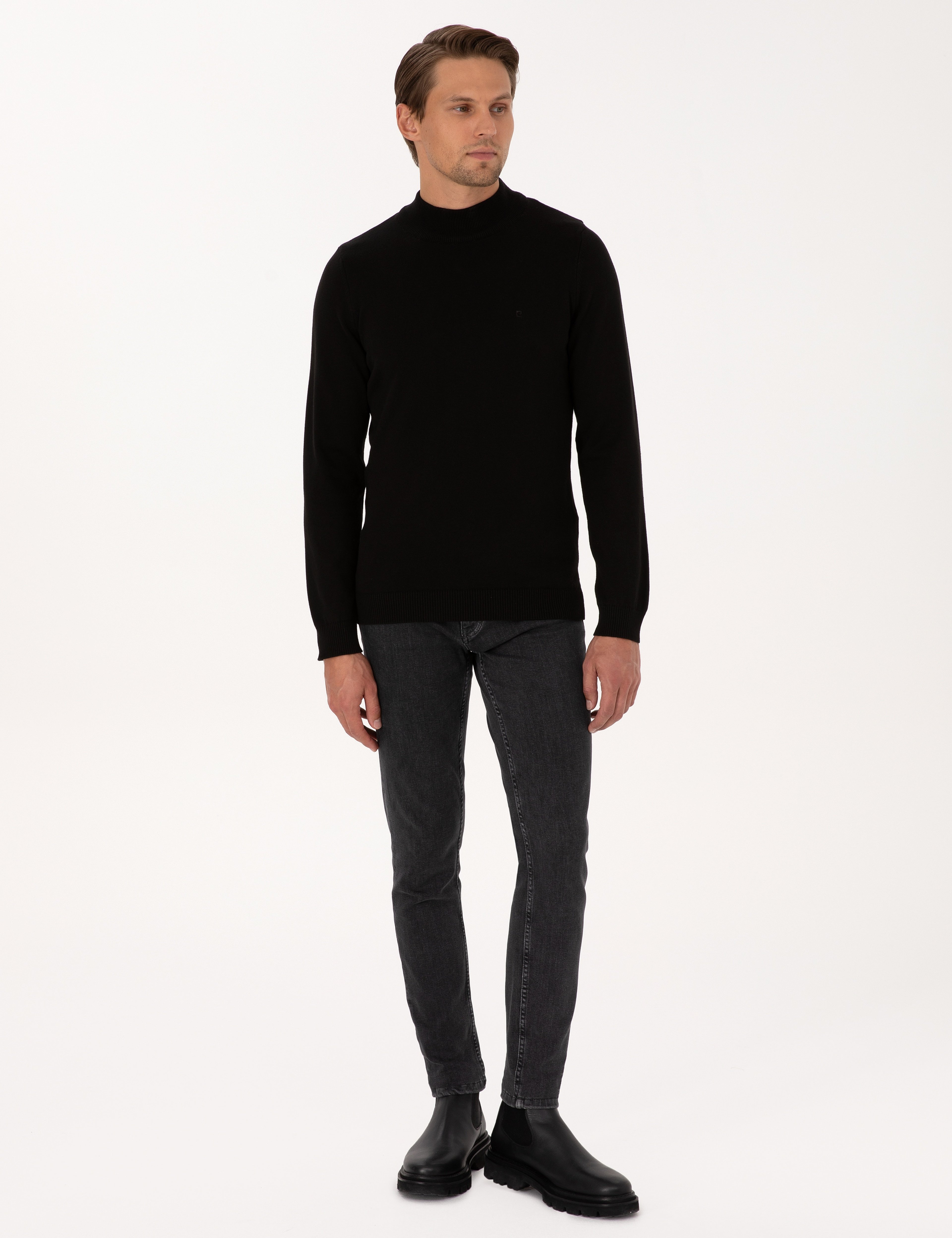 Siyah Slim Fit Yarım Balıkçı Yaka Basic Triko Kazak - Image 4