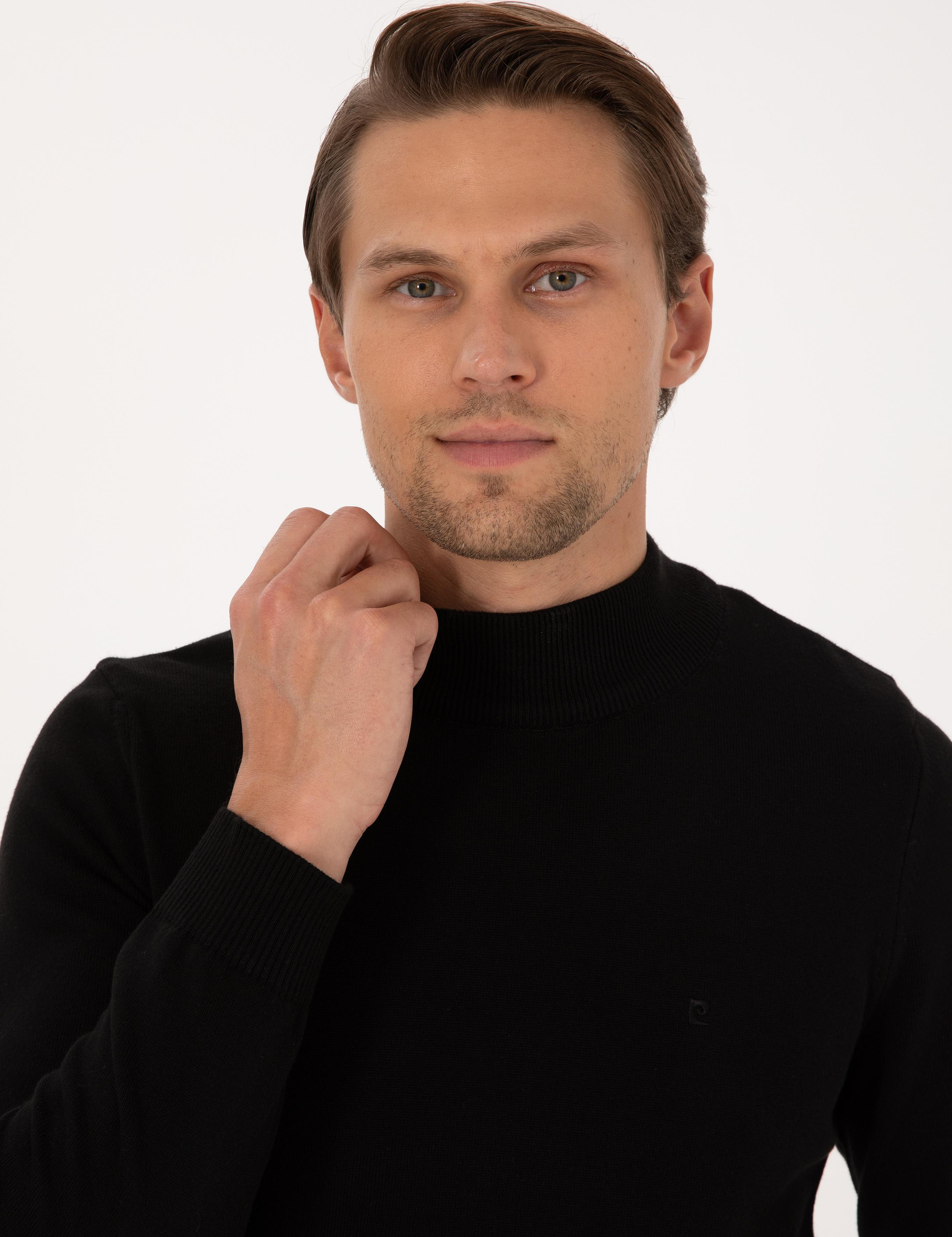 Siyah Slim Fit Yarım Balıkçı Yaka Basic Triko Kazak