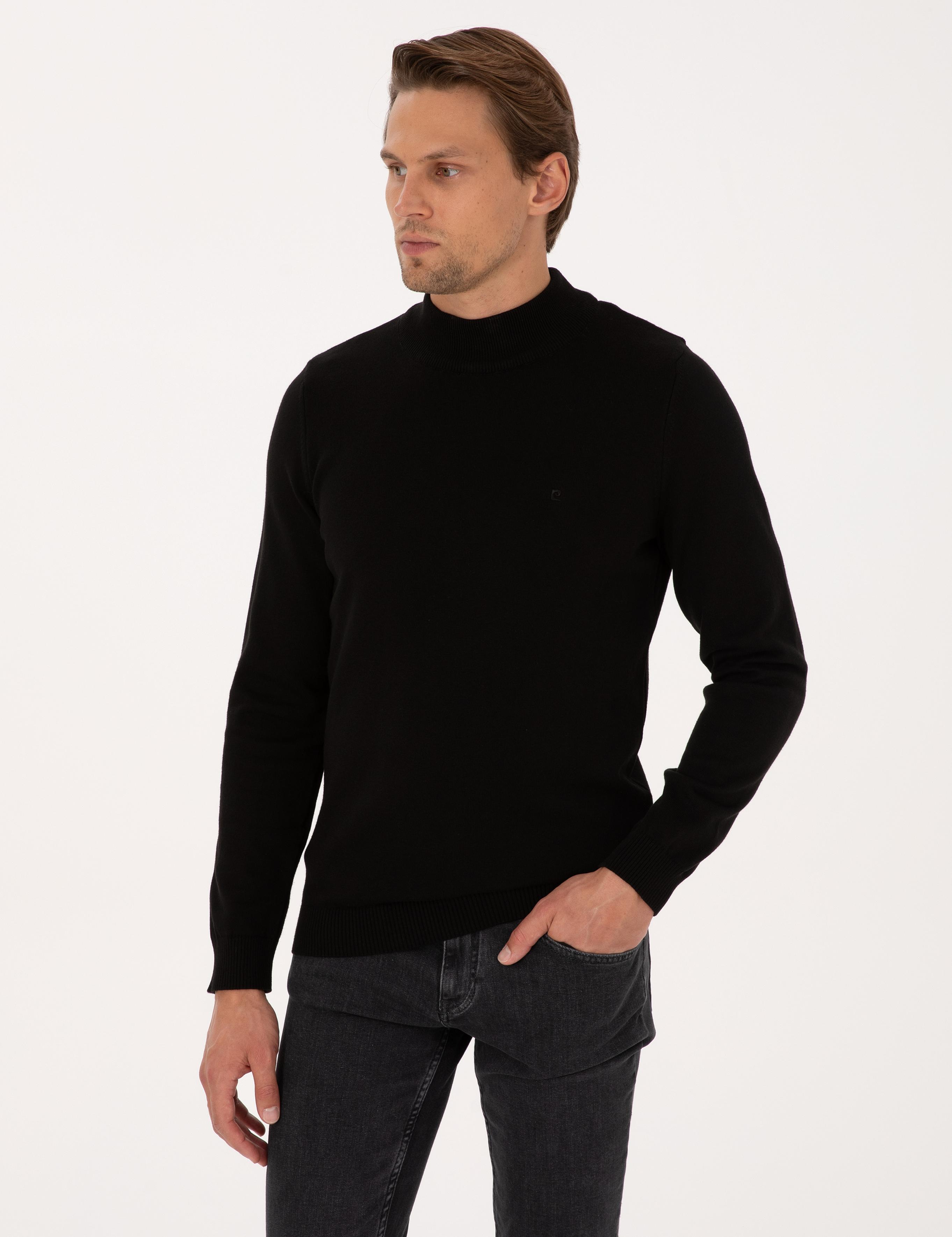 Siyah Slim Fit Yarım Balıkçı Yaka Basic Triko Kazak