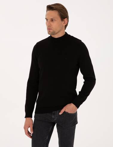Siyah Slim Fit Yarım Balıkçı Yaka Basic Triko Kazak