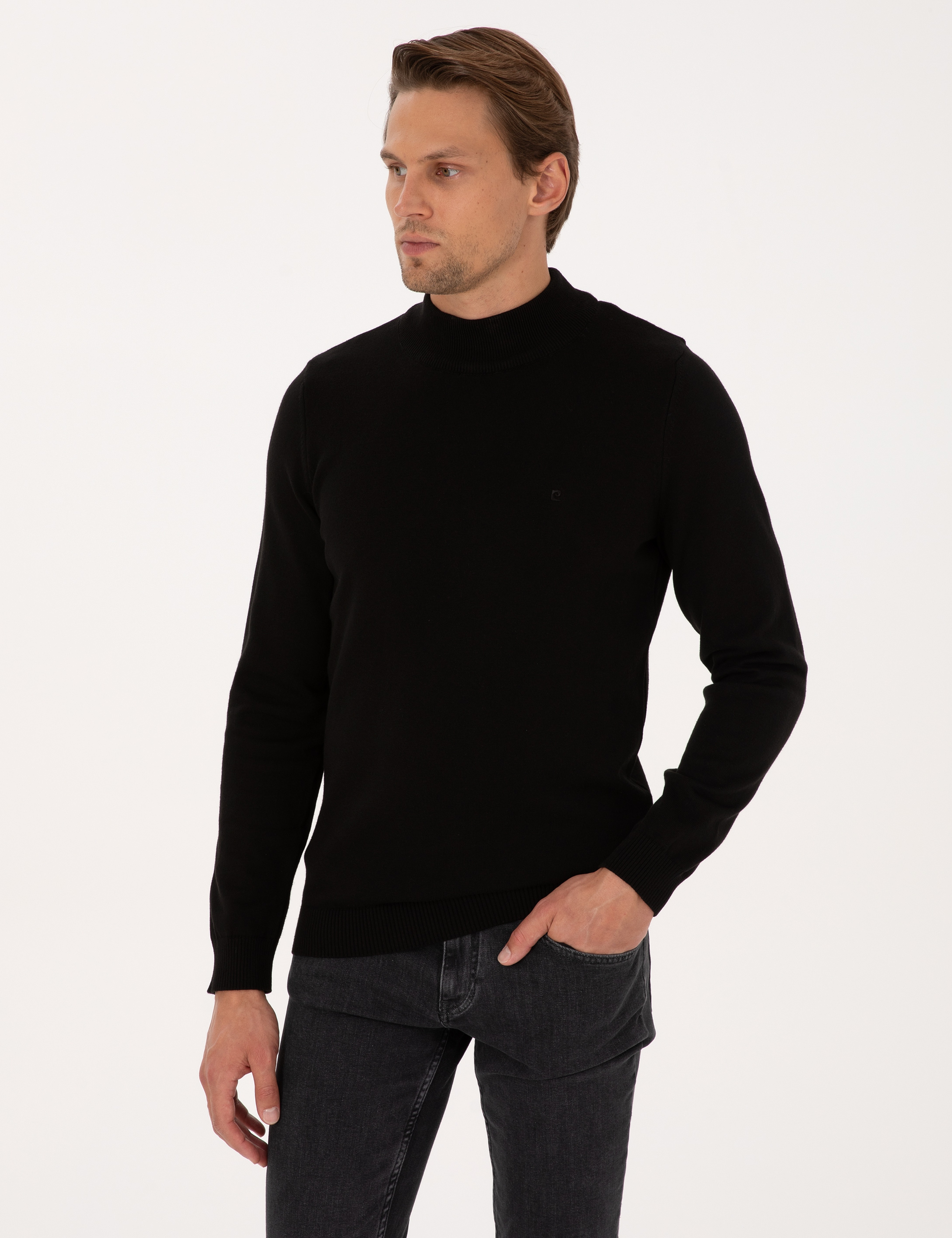 Siyah Slim Fit Yarım Balıkçı Yaka Basic Triko Kazak - Image 3