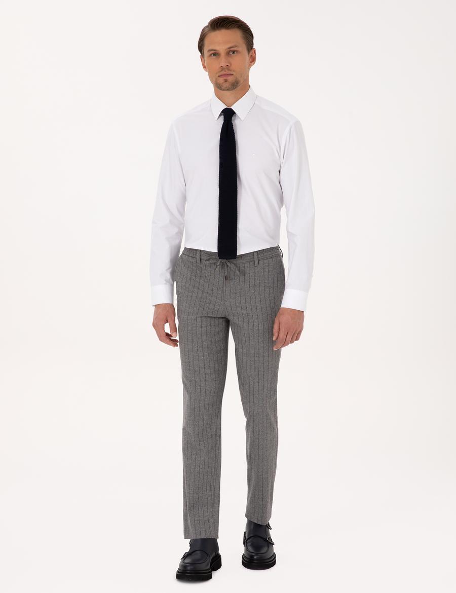 Gri Ekstra Slim Fit Çizgili Kumaş Pantolon