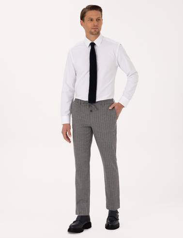 Gri Ekstra Slim Fit Çizgili Kumaş Pantolon
