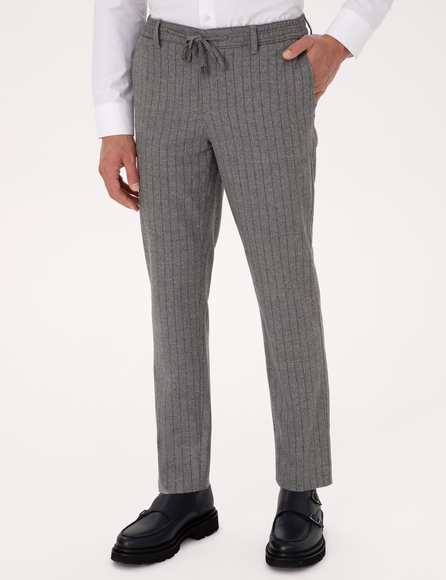 Gri Ekstra Slim Fit Çizgili Kumaş Pantolon