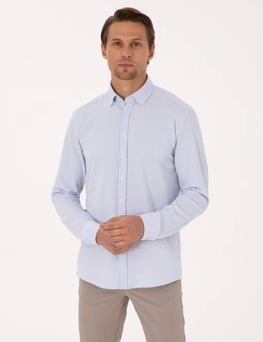 Açık Mavi Esnek Slim Fit Çizgili Uzun Kollu Gömlek