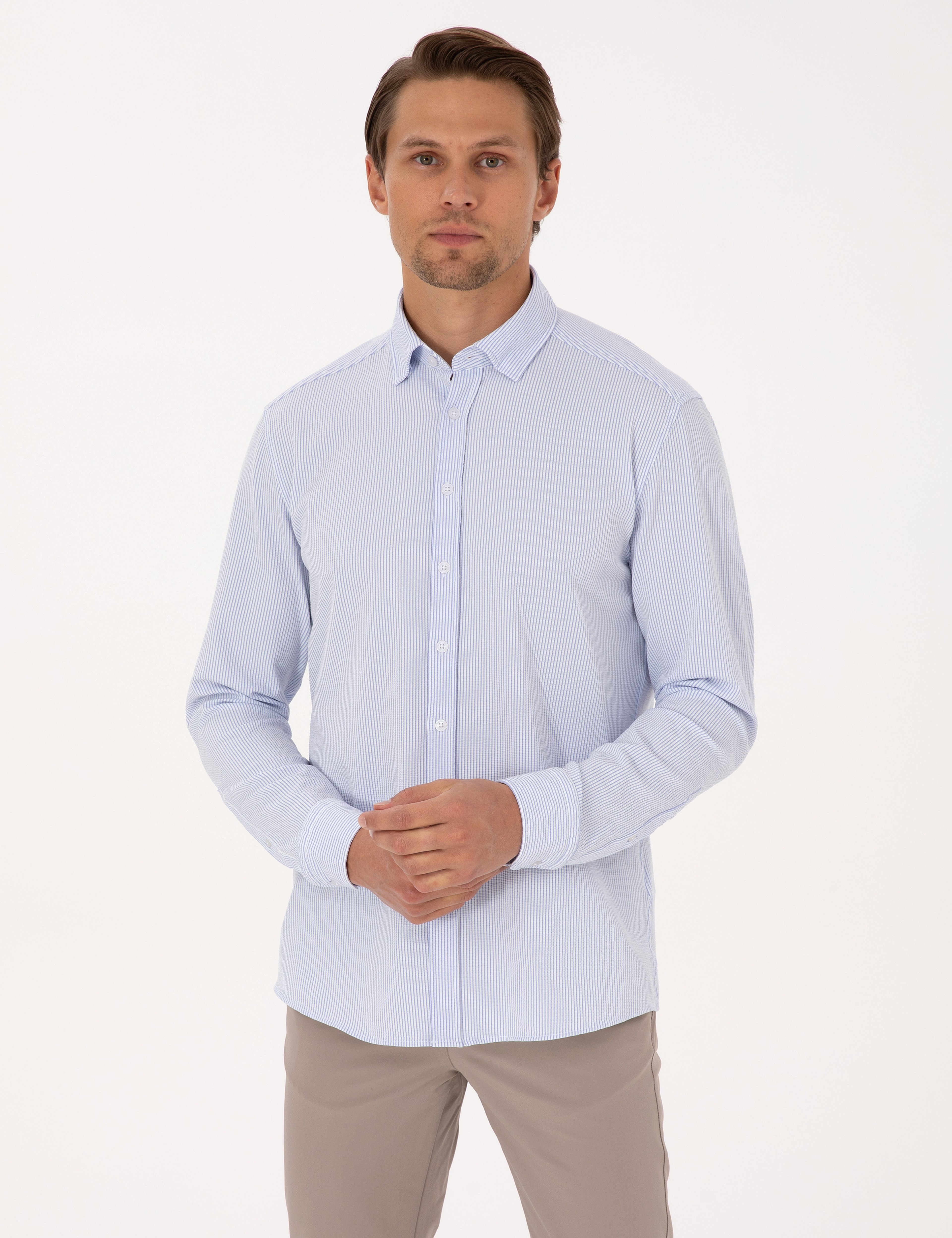 Açık Mavi Esnek Slim Fit Çizgili Uzun Kollu Gömlek - Image 1